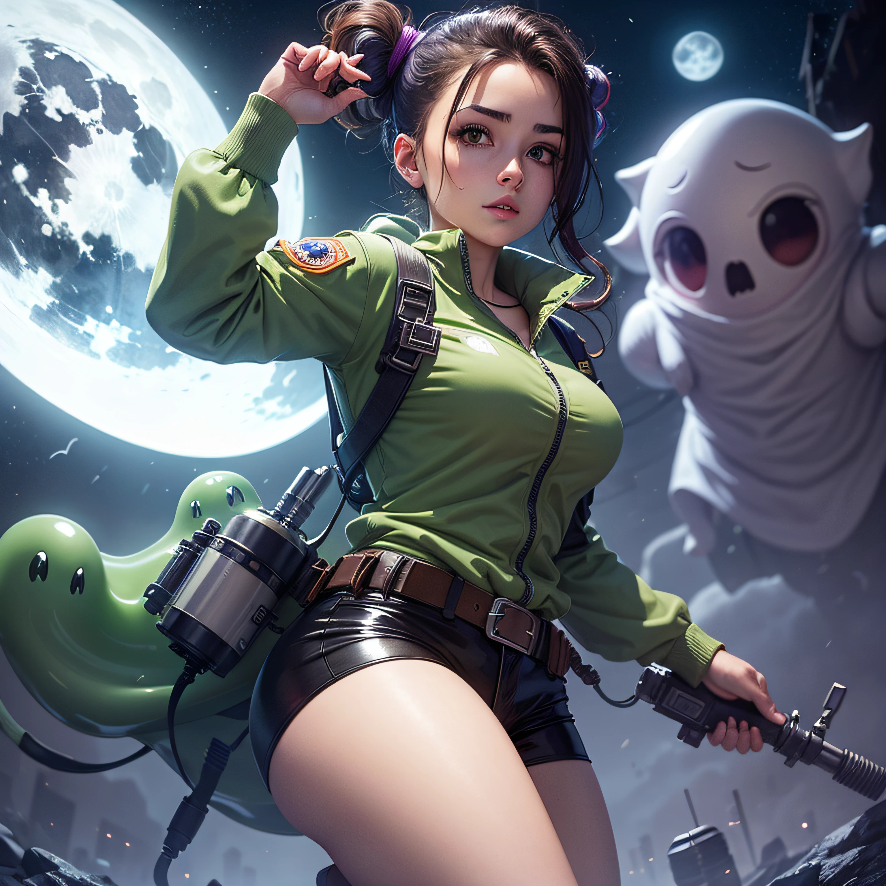 (Highest picture quality) 1girl, female ghostbuster, sexy, strong, slime, ghost, night time, moonlight, Ecto 1 vehicle,