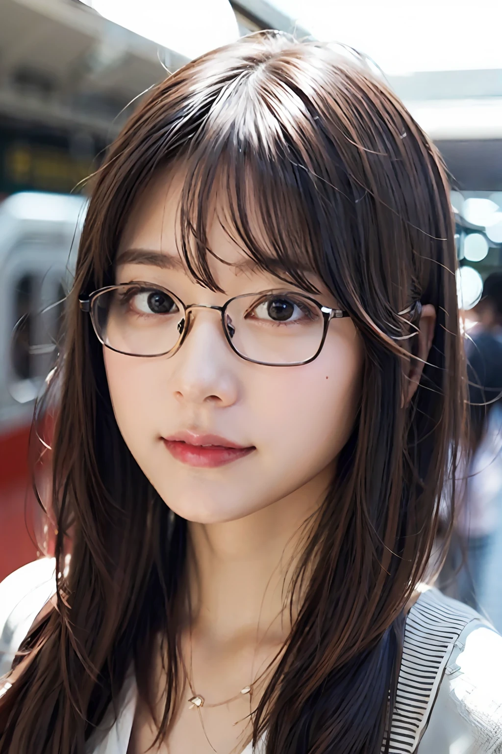(8K、Raw photography、top-quality、​masterpiece:1.2)、(realisitic、Photorealsitic:1.37)、ultra-detailliert、超A high resolution、女の子1人、see the beholder、beautifull detailed face、A smile、Constriction、(Slim waist) :1.3)、short-cut、Beautiful detailed skin、Skin Texture、Floating hair、Professional Lighting、Wait for the platform train、Black-rimmed square glasses 、Whole human body、Brown hair