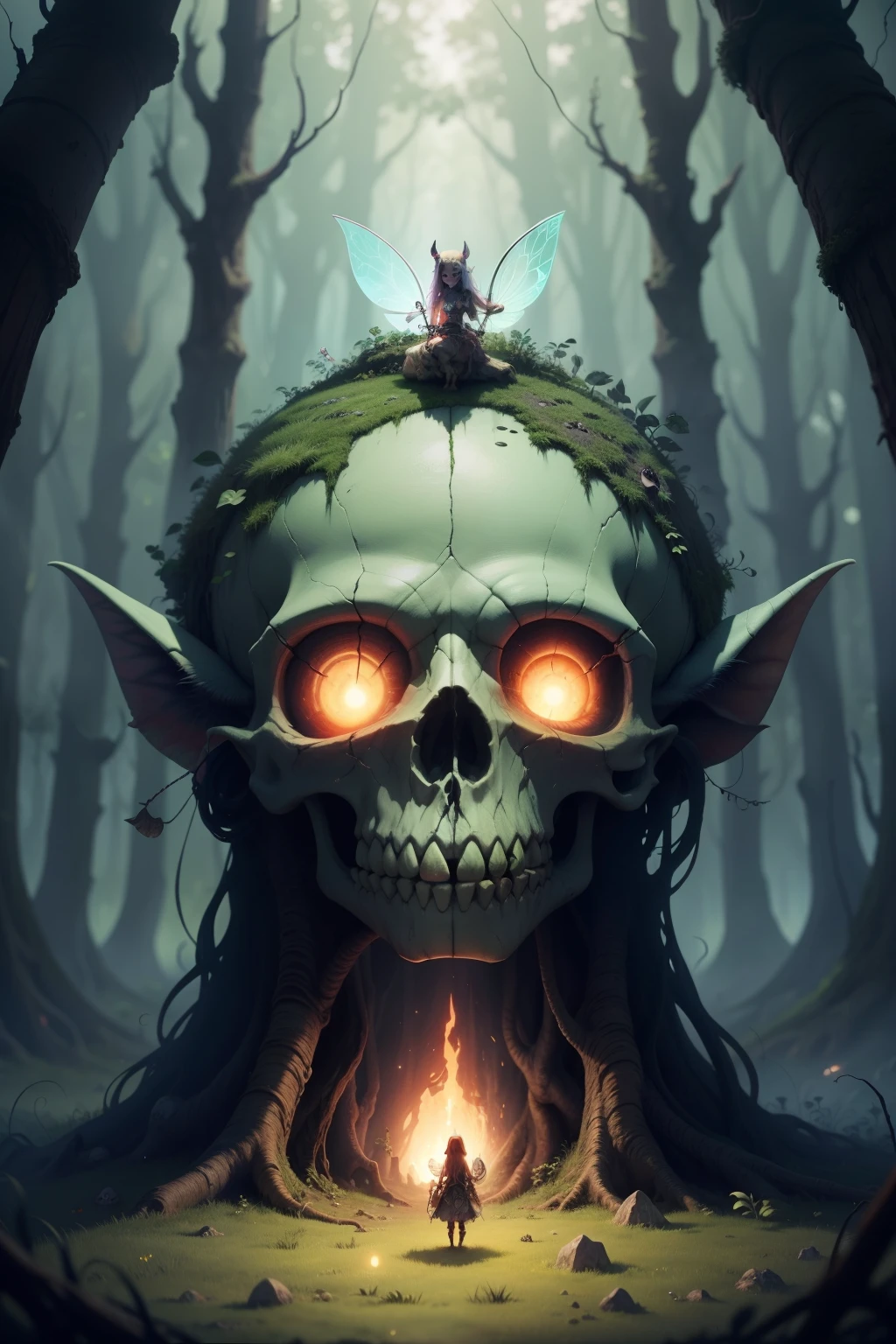 Fairies living in the skull of a giant goblin killed thousands of years ago.