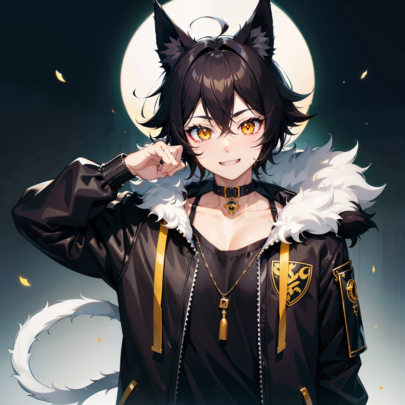 ultra detailed, best quality, finely detail, anime boy, neko, 1 boy, male, black hair, short hair, messy spiky hair, volumous messy hair, black fur jacket, black clothes, cat ears, animal ears, black feline tail, black shorts, smile, relaxed expression, happy smile, anime smile, hood around the neck extremely large, white eyes, yellow pupils, extremely detailed eyes, red nose, boy face, masculine