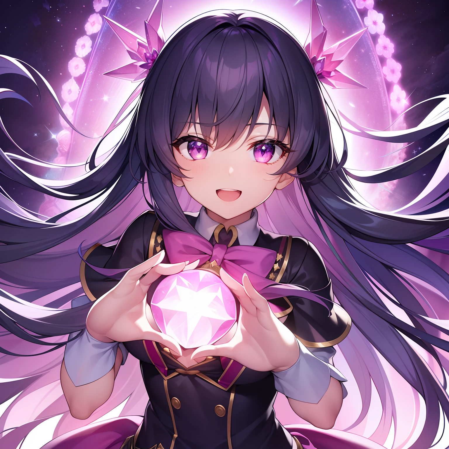 chest out, absurdres, superfine illustration,rainboweffect, highres, ultra detailed,light diffusion,highly detailed light reflection, kaleidoscope, harmonious, best shadow, highly detailed very beautiful big smile face, ;D, beautiful growing crystal diamond star pupil,look at viewer, beautiful detailed hair, solo, dynamic pose, beautiful detailed pink and black ribon, beautiful detailed High school uniform, Fantastic and the whole shines and shooting star and the wind is strong in detail background