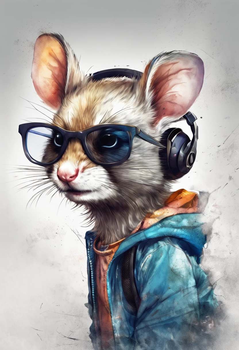 Perfect centering, A cute little mouse, Wear a student team jacket, Wearing sunglasses, Wearing headphones, cheerfulness, Standing position, Abstract beauty, Centered, Looking at the camera, Facing the camera, nearing perfection, Dynamic, Highly detailed,  smooth, Sharp focus, 8K, high definition resolution, illustration, Art by Carne Griffiths and Wadim Kashin, White background