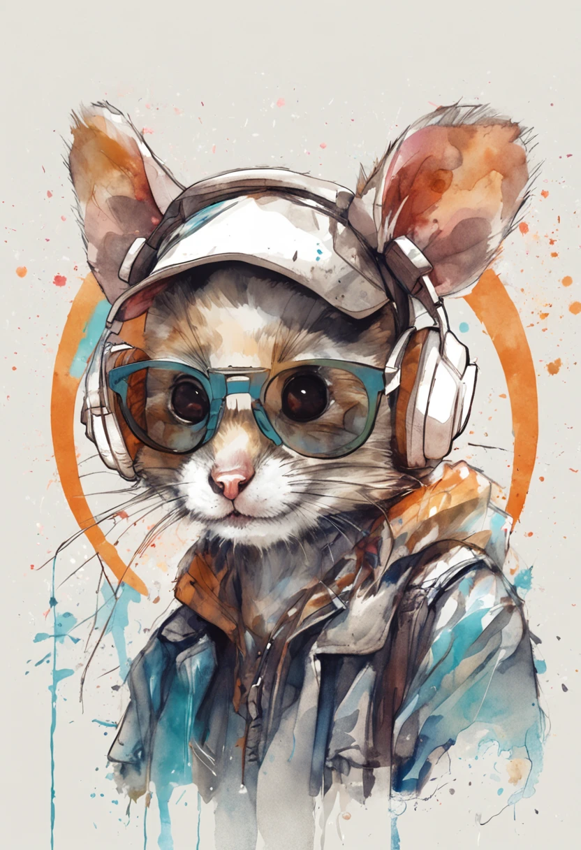 Perfect centering, A cute little mouse, Wear a student team jacket, Wearing sunglasses, Wearing headphones, cheerfulness, Standing position, Abstract beauty, Centered, Looking at the camera, Facing the camera, nearing perfection, Dynamic, Highly detailed, smooth, Sharp focus, 8K, high definition resolution, illustration, Art by Carne Griffiths and Wadim Kashin, White background