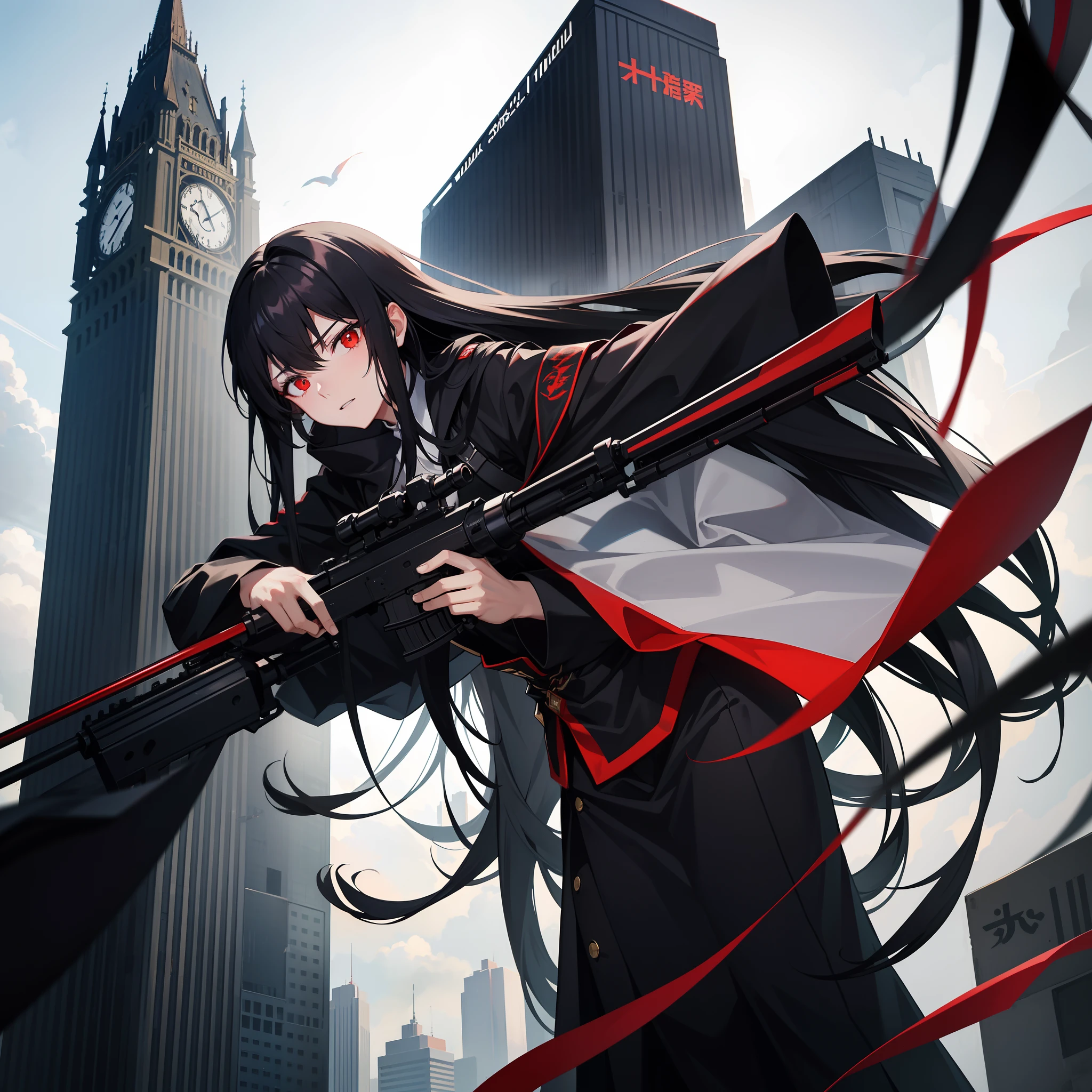 The long-haired black-haired assassin was lying on a tall building, holding a sniper rifle and aiming at a distant place，Very careful and serious，The eyes are steadfast，red color eyes，black cloaths