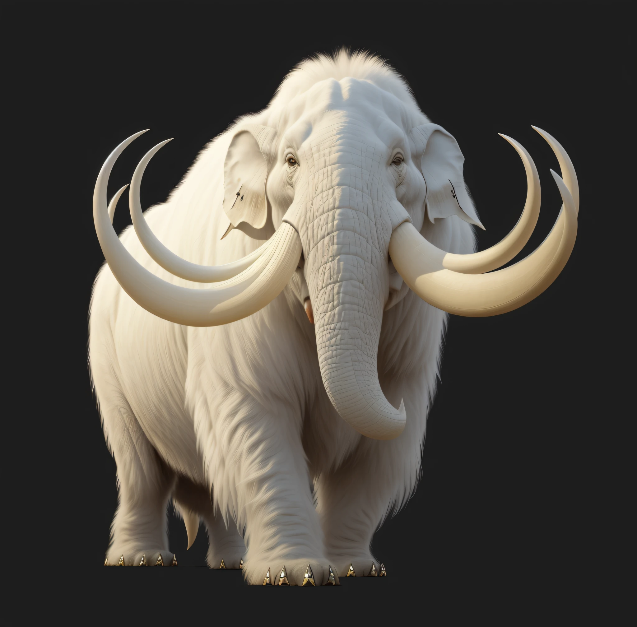 There is a white elephant with tusks walking on a black background, mammoth, huge tusks, Realistic creature concept, tusks, highly detailed animal monster, tooth wu : : quixel megascans, author：por Artur Tarnowski, highly detailed creature, Megafauna, highly detailed animal, albino, Realistic illustration, Extremely realistic