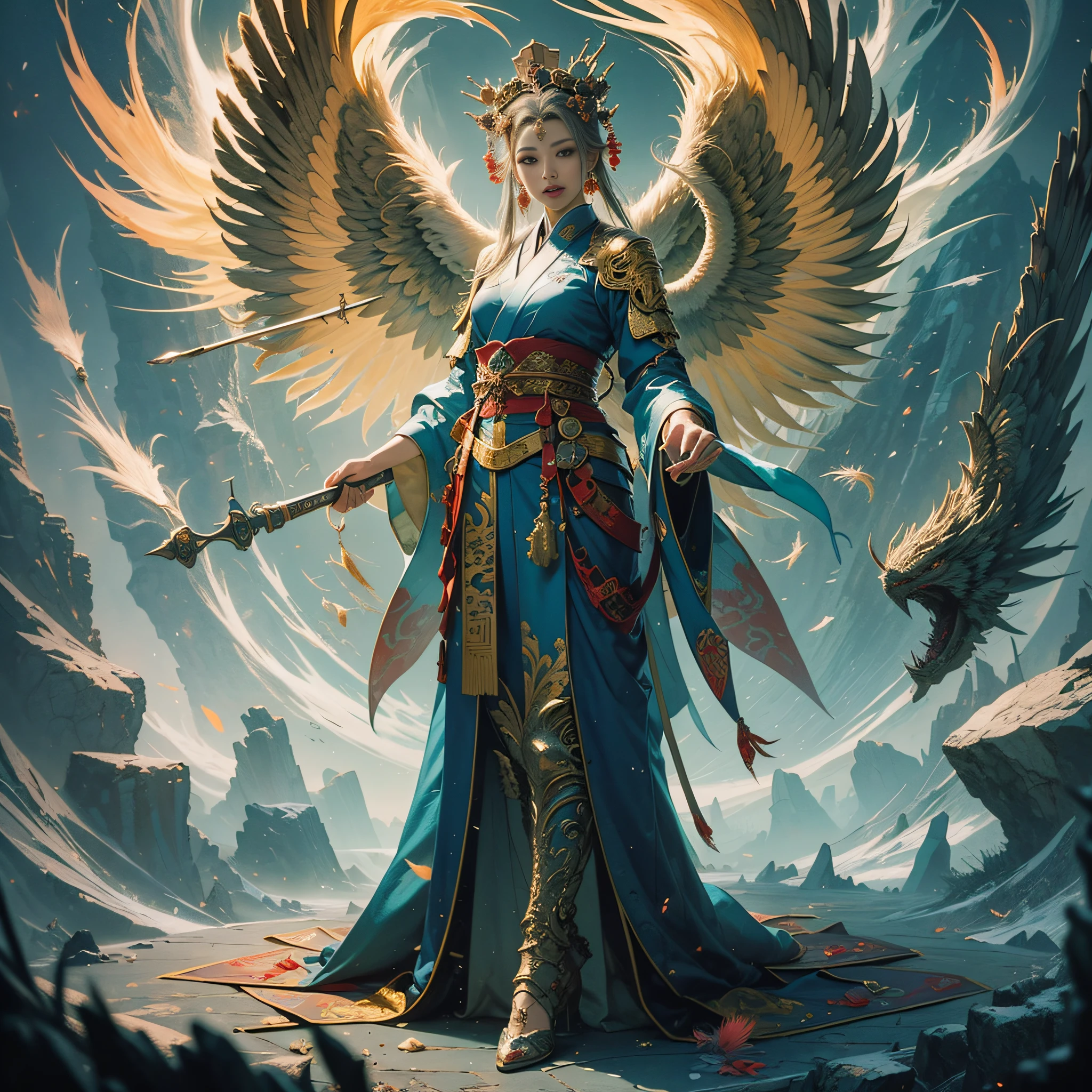 Chinese style, phoenix fairy, god, queen, gorgeous clothes, beautiful feather pattern, red hanfu, phoenix crown, standing on the top of the mountain, 32k --niji 5