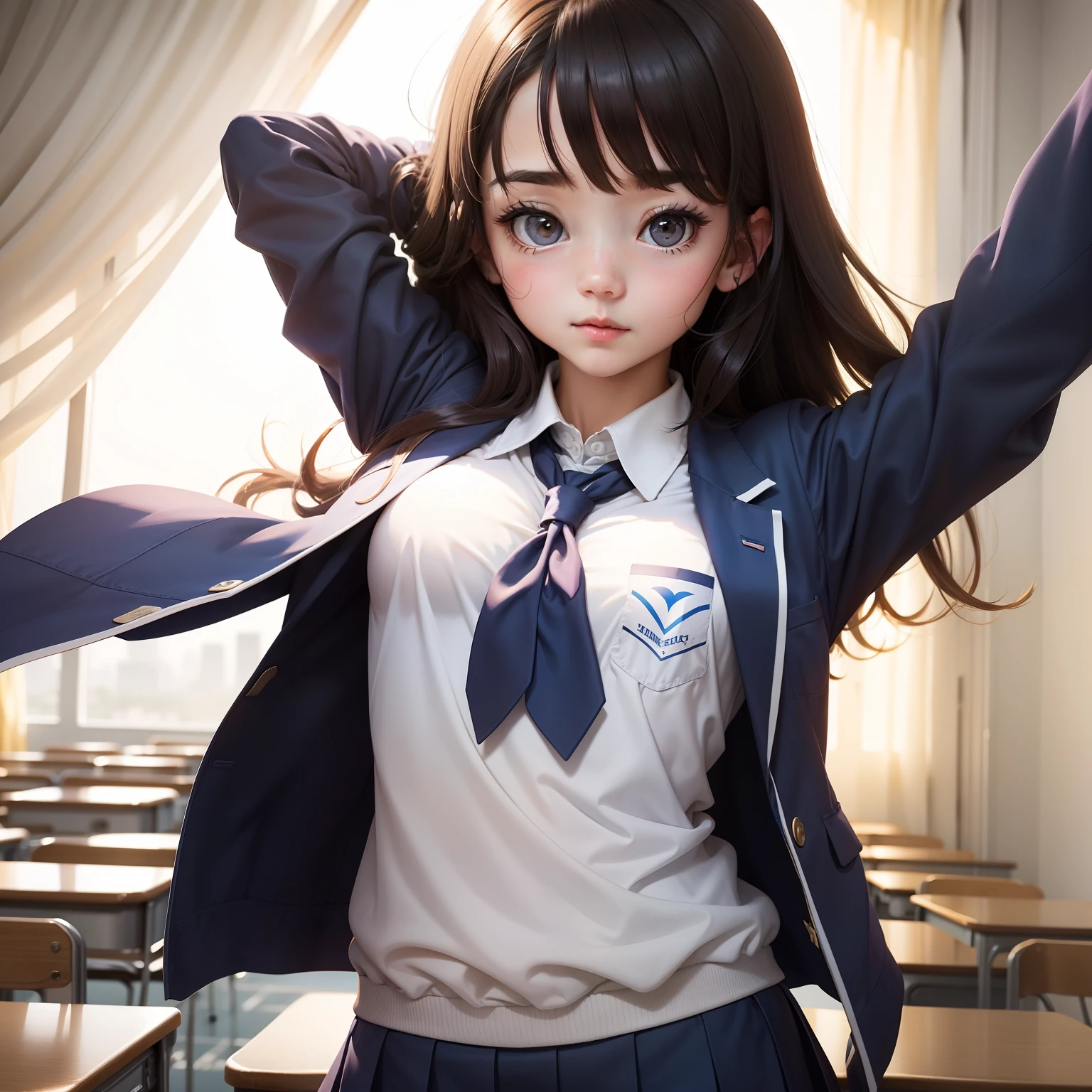 A cute girl in a school uniform covered her chest and flew in the air,There is light shrouded in the back