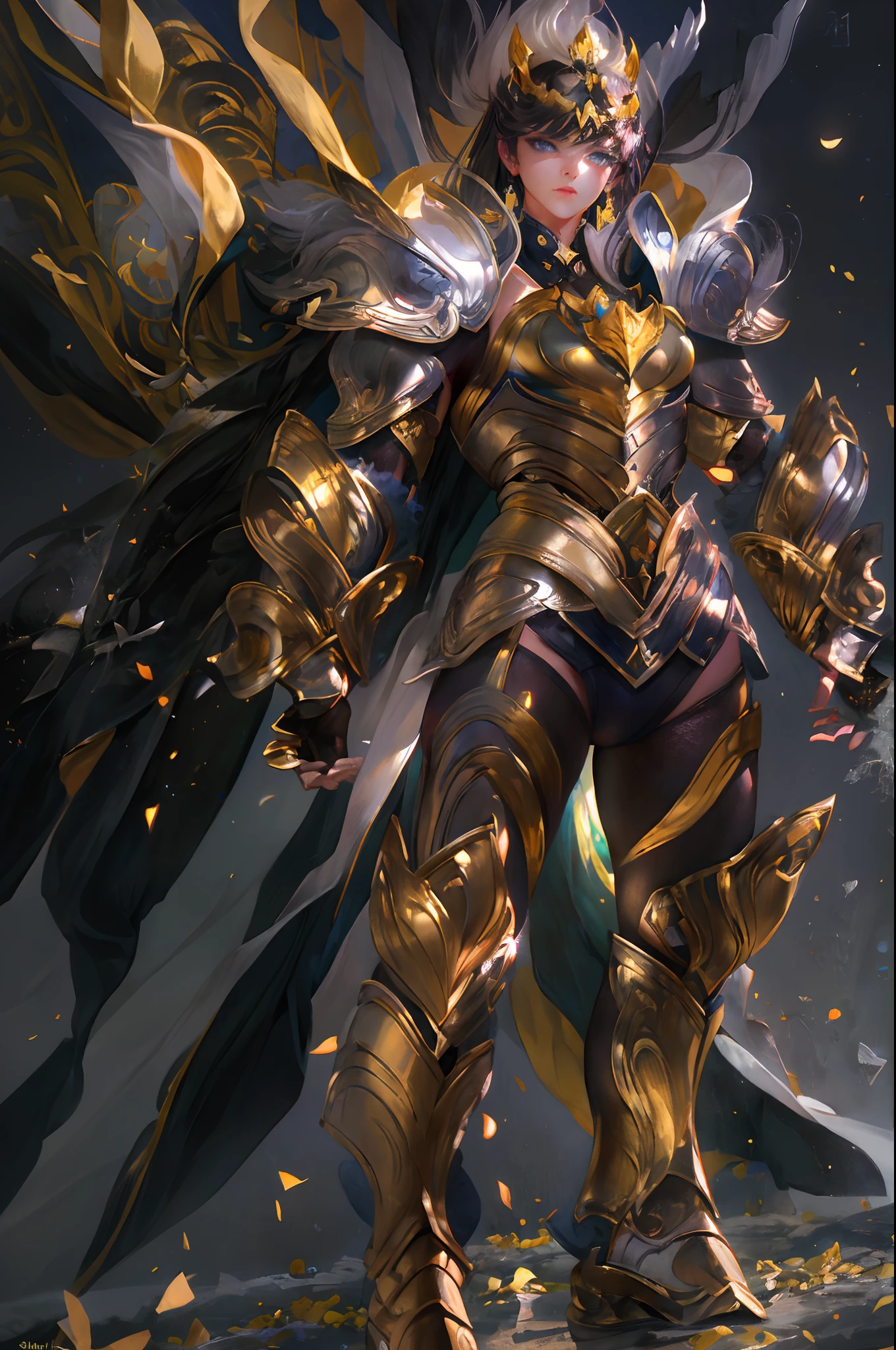 full body,Ultra-high saturation,(tmasterpiece), fully body photo,(best qualtiy), (1girll), starryskybackground,Wearing shiny gold armor, Sexy lingerie type armor,Expose your chest,Expose the waistline,Exposing thighs,cool-pose, Saint Seiya Armor, messy hair,high detal, Anime style, Cinematic lighting, Sparkle, god light, Ray traching, filmgrain, hyper HD, textureskin, super detailing, Anatomical correct, A high resolution,Ultra-high saturation,hight contrast,High-gloss armor,Smooth skin,Serious expressions,Dark room,