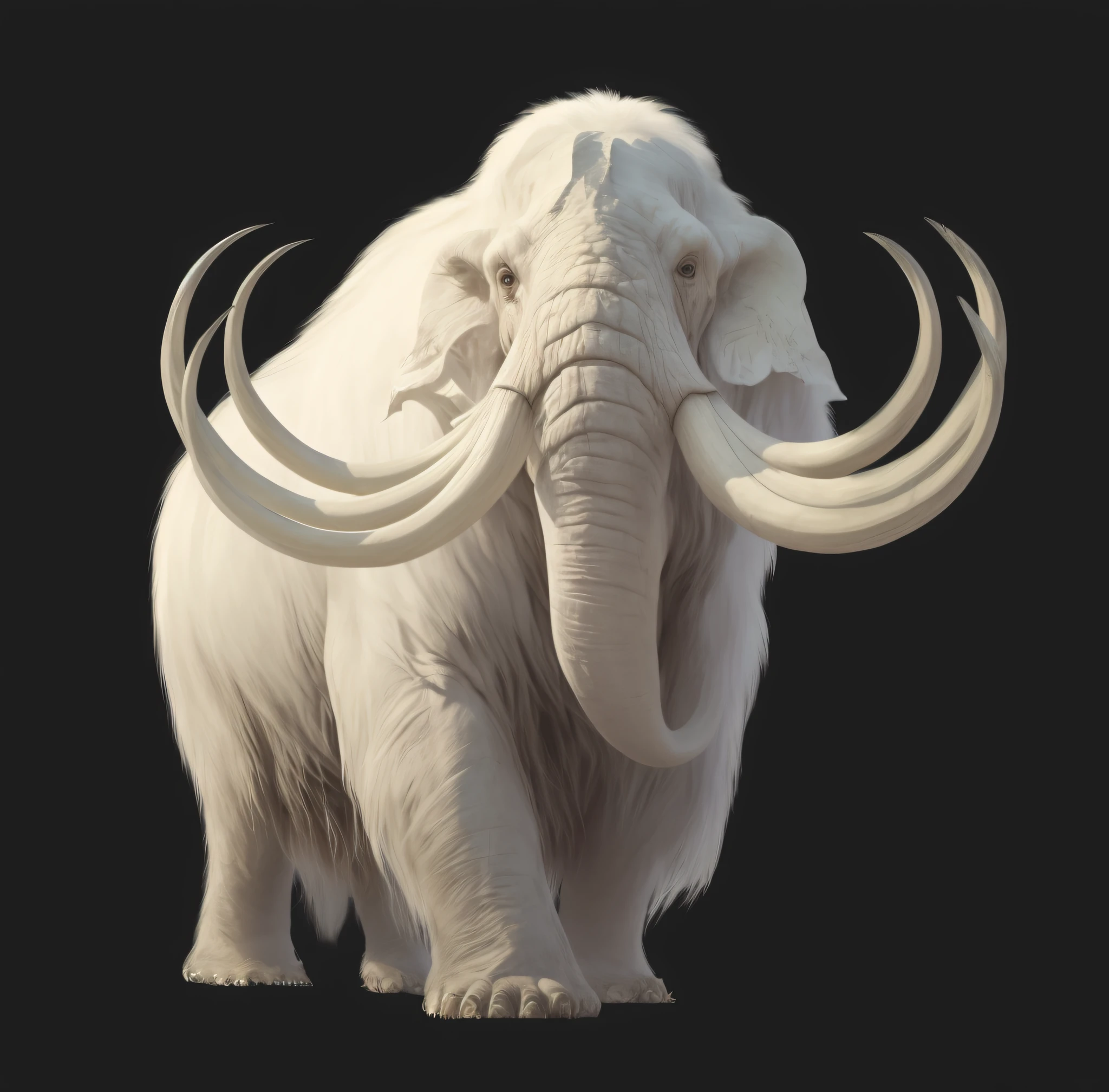 There is a white elephant with tusks walking on a black background, mammoth, huge tusks, Realistic creature concept, tusks, highly detailed animal monster, tooth wu : : quixel megascans, author：por Artur Tarnowski, highly detailed creature, Megafauna, highly detailed animal, albino, Extremely realistic, Realistic illustration