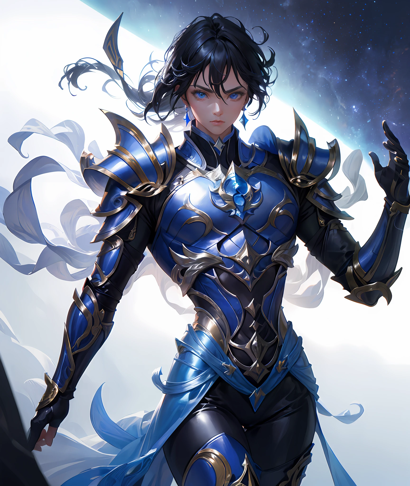 Ultra-high saturation，（tmasterpiece）， fully body photo，（best qualtiy）， （1girll）， starryskybackground，Wearing shiny gold armor， Sexy lingerie type armor，Expose your chest，Expose the waistline，Exposing thighs，cool-pose， Saint Seiya Armor， messy  hair，high detal, Anime style, Cinematic lighting, Sparkle, god light, Ray traching, filmgrain, hyper HD, textureskin, super detailing, Anatomical correct, A high resolution，Ultra-high saturation，hight contrast，High-gloss armor，Smooth skin，Serious expressions,Dark room,