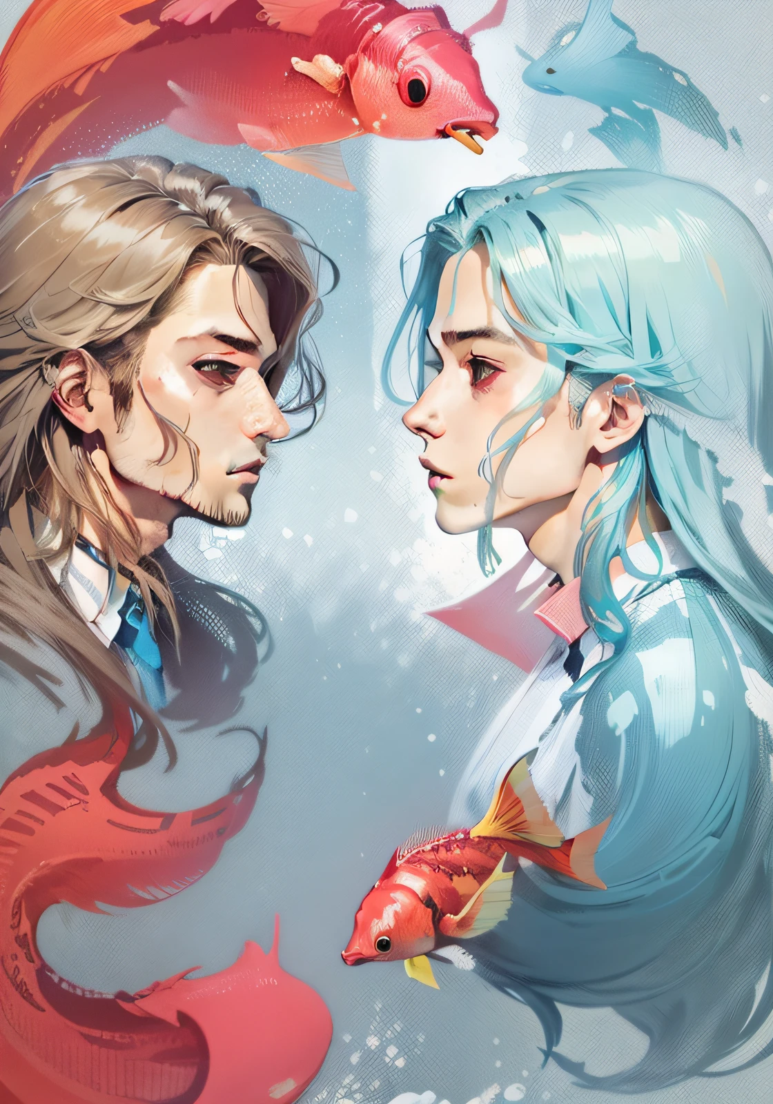 Double, long hair, handsome guy, fish swimming around