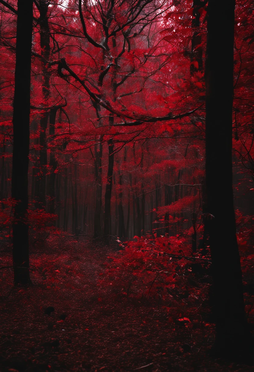 a dark shadow seen passing quickly in a blur, it's a bit muddy, surrounded by tall trees with red leaves. The forest is dimly lit, criando um contraste entre as cores vermelha e preta. The image evokes a sense of mystery and danger.