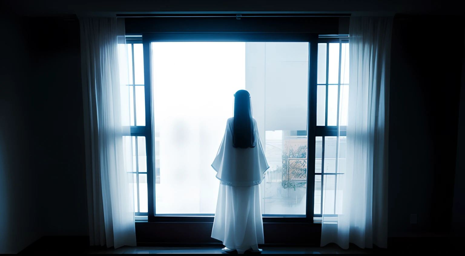 best qualtiy，Outside the window，Back shadow。a female ghost，White clothes