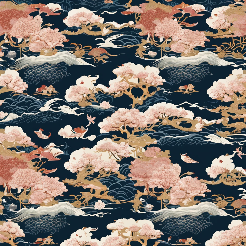 "Envision an enchanting wallpaper pattern composed of a rhythmic arrangement of iconic Japanese symbols, each adding a layer of cultural depth and significance.
The delicate sakura blossom, symbolizing renewal and fleeting beauty, is interspersed among intricate '卍' (manji) symbols, representing harmony, eternity, and the cycle of life.
Mystical 'Dragon' (ryu) dragons coil gracefully amidst swirling clouds, embodying power, transformation, and protection. The torii gate stands resolute, marking the transition from the secular to the sacred.
Elegant kanji characters '愛' (ai) for love, 'Courage' (yuuki) for courage, and 'Peace' (heiwa) for peace, seamlessly integrate into the design, adding profound meaning.
A tranquil pond reflects the moon's serene glow, adorned with '鶴' (tsuru) cranes, symbols of longevity and good fortune. Beneath the surface, 'Sea' (umi) waves ebb and flow, representing life's constant changes.
Bamboo shoots, a representation of resilience and growth, rise gracefully amid the composition. Lanterns sway gently, casting warm illumination and symbolizing guidance.
The color palette harmonizes deep indigos, tranquil blues, and soft whites, creating a sense of serenity and reverence. This intricate wallpaper pattern is a visual journey through the layers of Japanese symbolism, inviting you to immerse yourself in their wisdom and beauty."