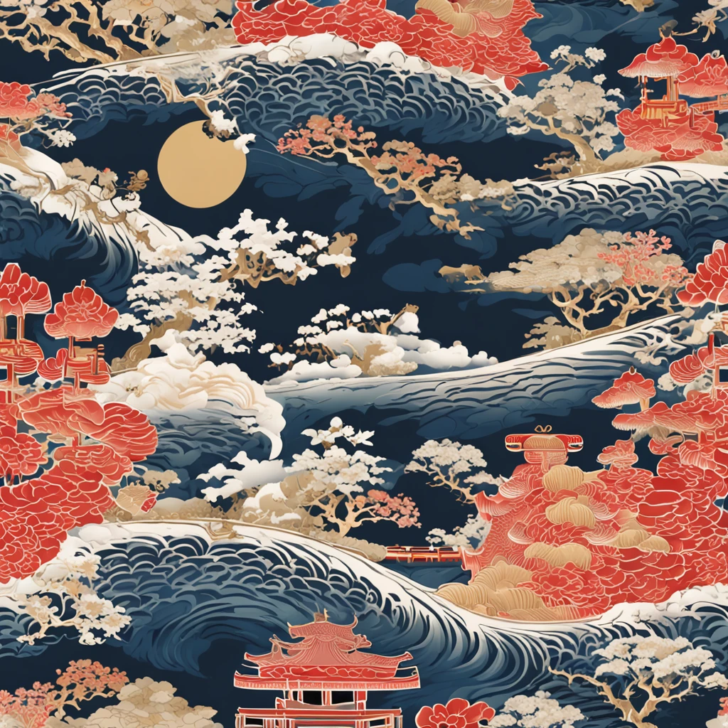 "Envision an enchanting wallpaper pattern composed of a rhythmic arrangement of iconic Japanese symbols, each adding a layer of cultural depth and significance.

The delicate sakura blossom, symbolizing renewal and fleeting beauty, is interspersed among intricate '卍' (manji) symbols, representing harmony, eternity, and the cycle of life.

Mystical 'Dragon' (ryu) dragons coil gracefully amidst swirling clouds, embodying power, transformation, and protection. The torii gate stands resolute, marking the transition from the secular to the sacred.

Elegant kanji characters '愛' (ai) for love, 'Courage' (yuuki) for courage, and 'Peace' (heiwa) for peace, seamlessly integrate into the design, adding profound meaning.

A tranquil pond reflects the moon's serene glow, adorned with '鶴' (tsuru) cranes, symbols of longevity and good fortune. Beneath the surface, 'Sea' (umi) waves ebb and flow, representing life's constant changes.

Bamboo shoots, a representation of resilience and growth, rise gracefully amid the composition. Lanterns sway gently, casting warm illumination and symbolizing guidance.

The color palette harmonizes deep indigos, tranquil blues, and soft whites, creating a sense of serenity and reverence. This intricate wallpaper pattern is a visual journey through the layers of Japanese symbolism, inviting you to immerse yourself in their wisdom and beauty."