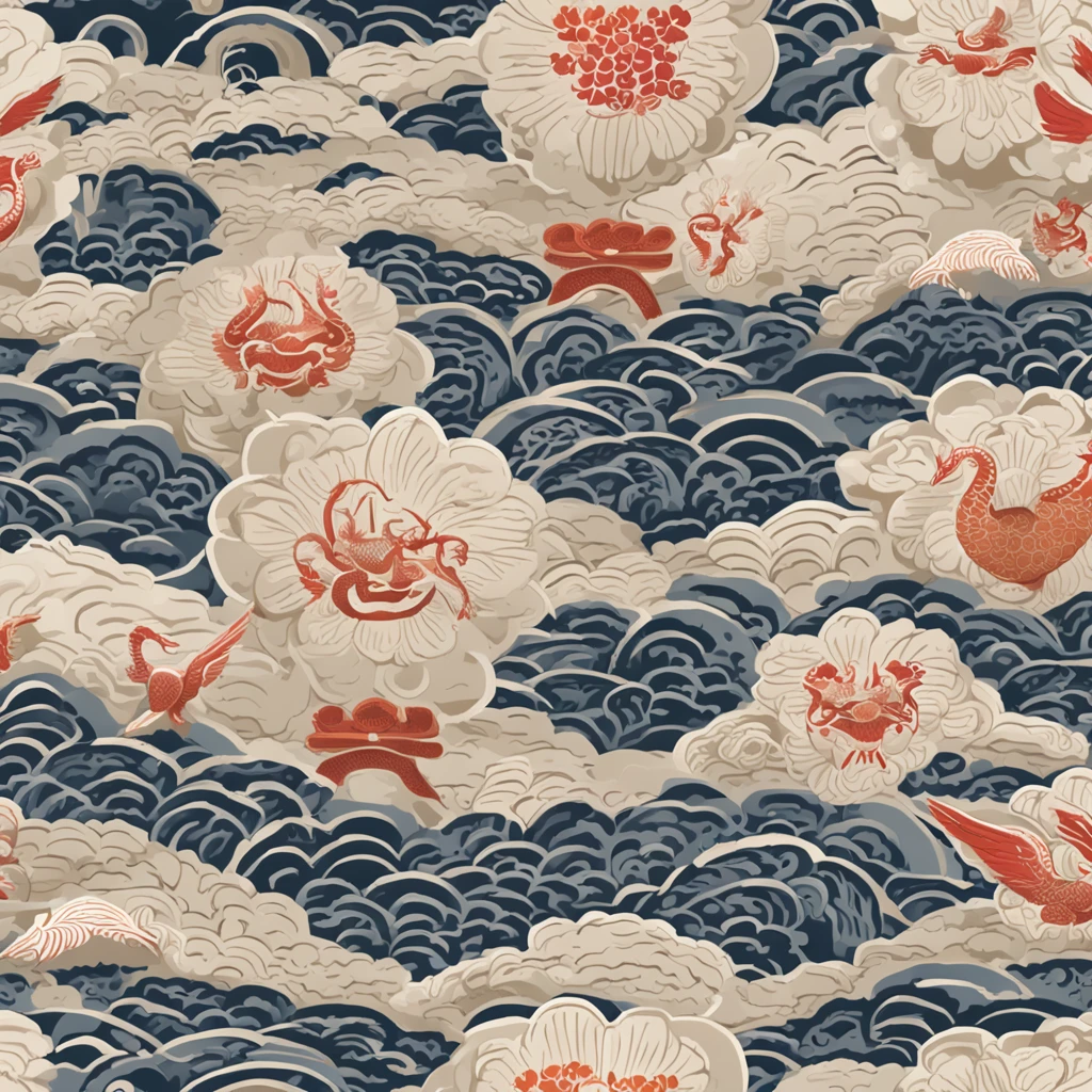 "Envision an enchanting wallpaper pattern composed of a rhythmic arrangement of iconic Japanese symbols, each adding a layer of cultural depth and significance.

The delicate sakura blossom, symbolizing renewal and fleeting beauty, is interspersed among intricate '卍' (manji) symbols, representing harmony, eternity, and the cycle of life.

Mystical 'Dragon' (ryu) dragons coil gracefully amidst swirling clouds, embodying power, transformation, and protection. The torii gate stands resolute, marking the transition from the secular to the sacred.

Elegant kanji characters '愛' (ai) for love, 'Courage' (yuuki) for courage, and 'Peace' (heiwa) for peace, seamlessly integrate into the design, adding profound meaning.

A tranquil pond reflects the moon's serene glow, adorned with '鶴' (tsuru) cranes, symbols of longevity and good fortune. Beneath the surface, 'Sea' (umi) waves ebb and flow, representing life's constant changes.

Bamboo shoots, a representation of resilience and growth, rise gracefully amid the composition. Lanterns sway gently, casting warm illumination and symbolizing guidance.

The color palette harmonizes deep indigos, tranquil blues, and soft whites, creating a sense of serenity and reverence. This intricate wallpaper pattern is a visual journey through the layers of Japanese symbolism, inviting you to immerse yourself in their wisdom and beauty."