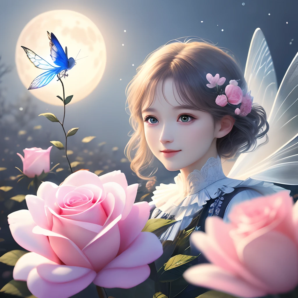 1 moon,Beautiful transparent flower fairy baby, Transparent colorful wings, The wand flutters in the wind、The wand flashed with starlight,Golden wand,Beautiful blue sky and white clouds、Girls have transparent wings、kindly smile、Beautiful garden background、Gentle and transparent,anatomy correct, Delicate pattern,Pink rose space, Soft lighting, ( Bokeh),Masterpiece, Super detailed, Epic composition, Highest quality, 8K,Epic romantic fantasy digital art,Epic fairy tale fantasy digital art,Mythological fantasy,UHD resolution,Detailed detail drawing,realisticlying,Very realistic,cinmatic lighting,an award winning photograph,rich colours,hyper realistic lifelike texture,dramatic lighting