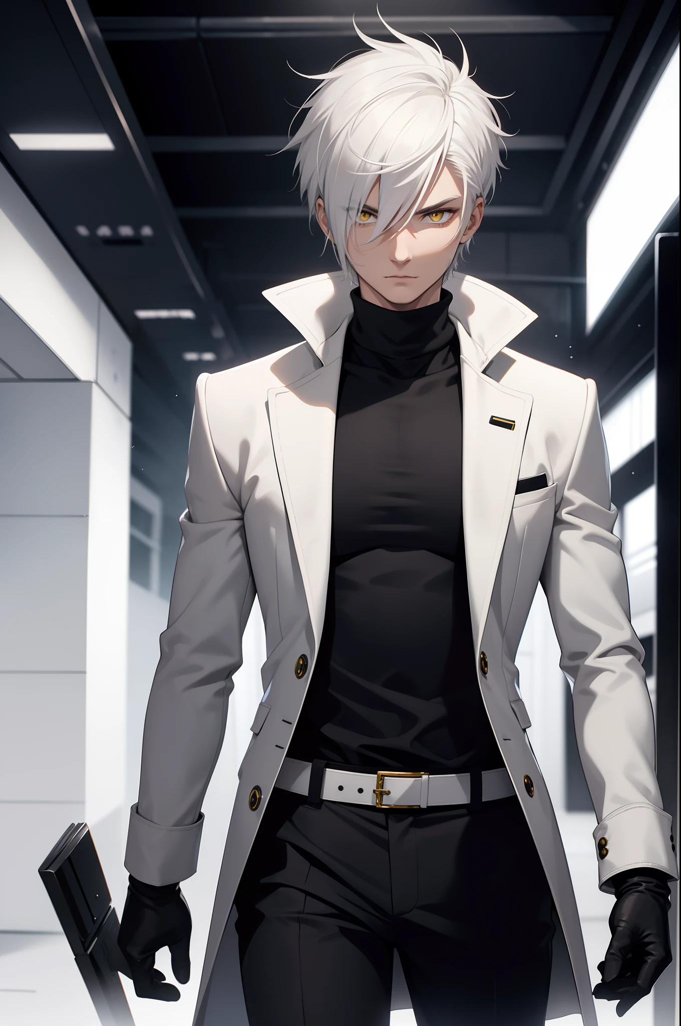 solo male, white hair, yellow eyes, spiky hair, black turtleneck, white pants, black gloves, white jacket, black fur