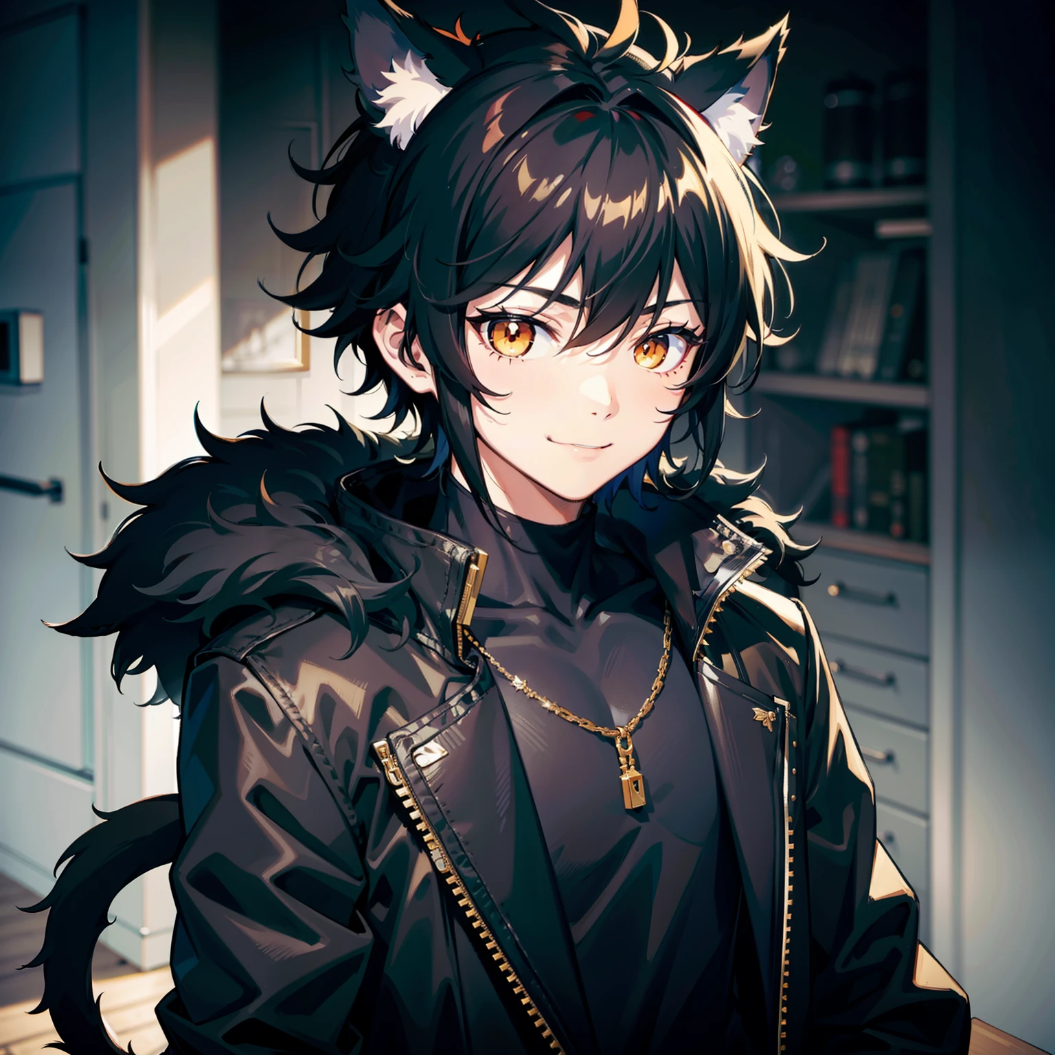 ultra detailed, best quality, finely detail, anime boy, neko, 1 boy, male, boy face, black hair, short hair, messy spiky hair, volumous messy hair, black fur jacket, black clothes, cat ears, animal ears, black feline tail, black shorts, smile, relaxed expression, happy smile, anime smile, hood around the neck extremely large, white eyes, yellow pupils, extremely detailed eyes, red nose