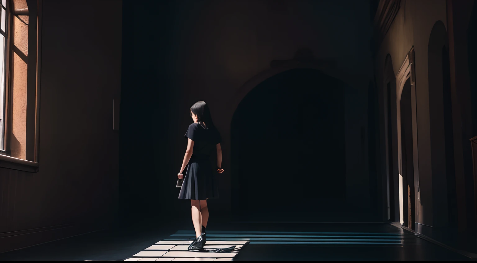 best qualtiy,Heads-up,A half body,Back shadow,Female Student,Black hair,Dark staircase in background