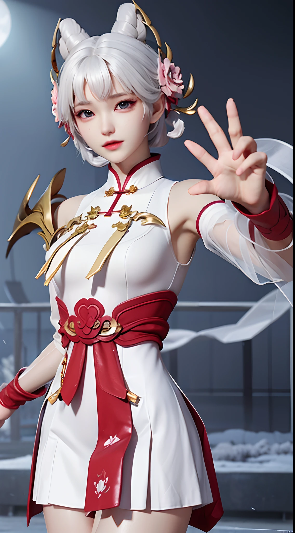 White hair　a short bob　Beautiful breasts　qipao dress