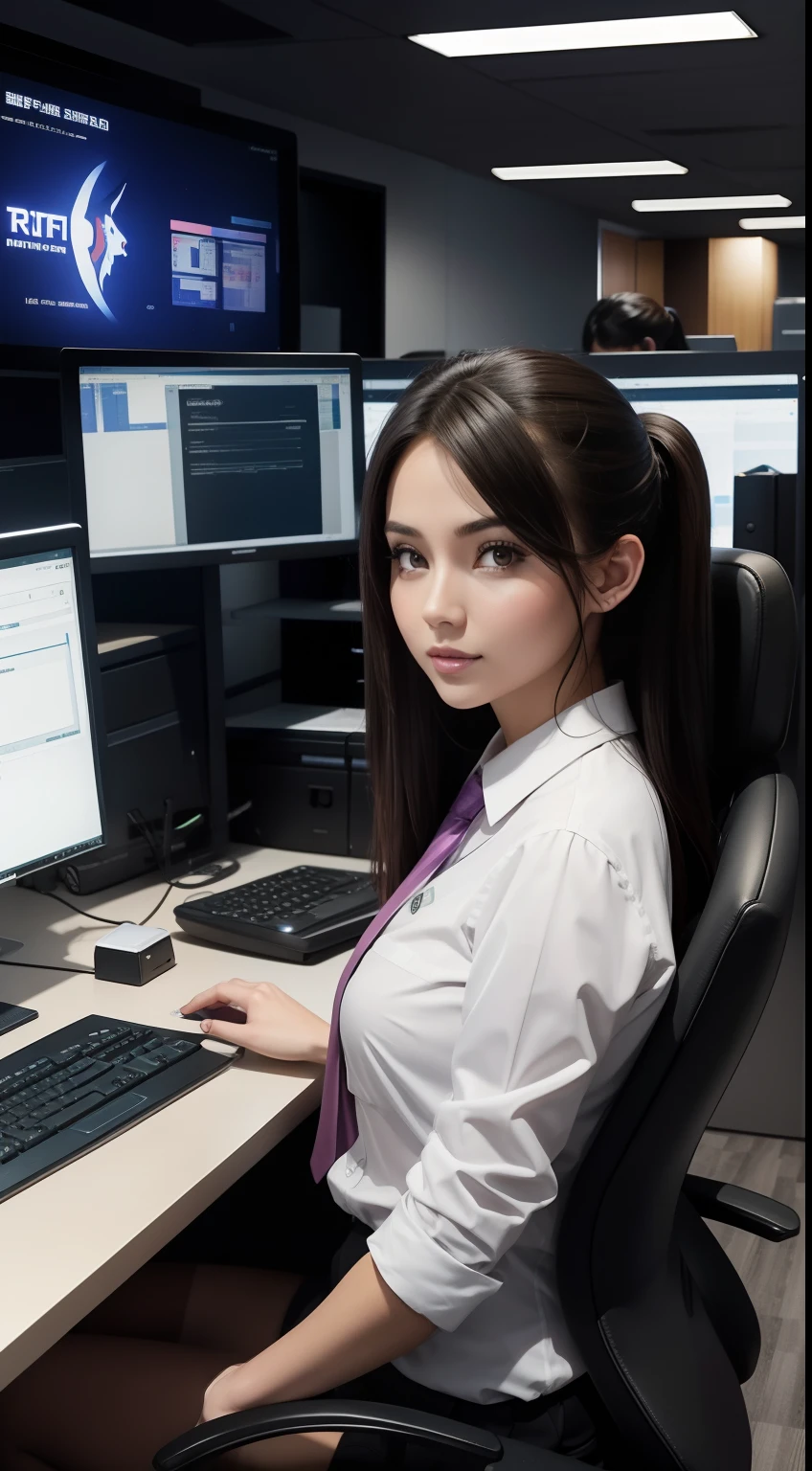 beautiful female office staff, working in the office, buffalo-ears, computer background, matrix run on the screen, cute