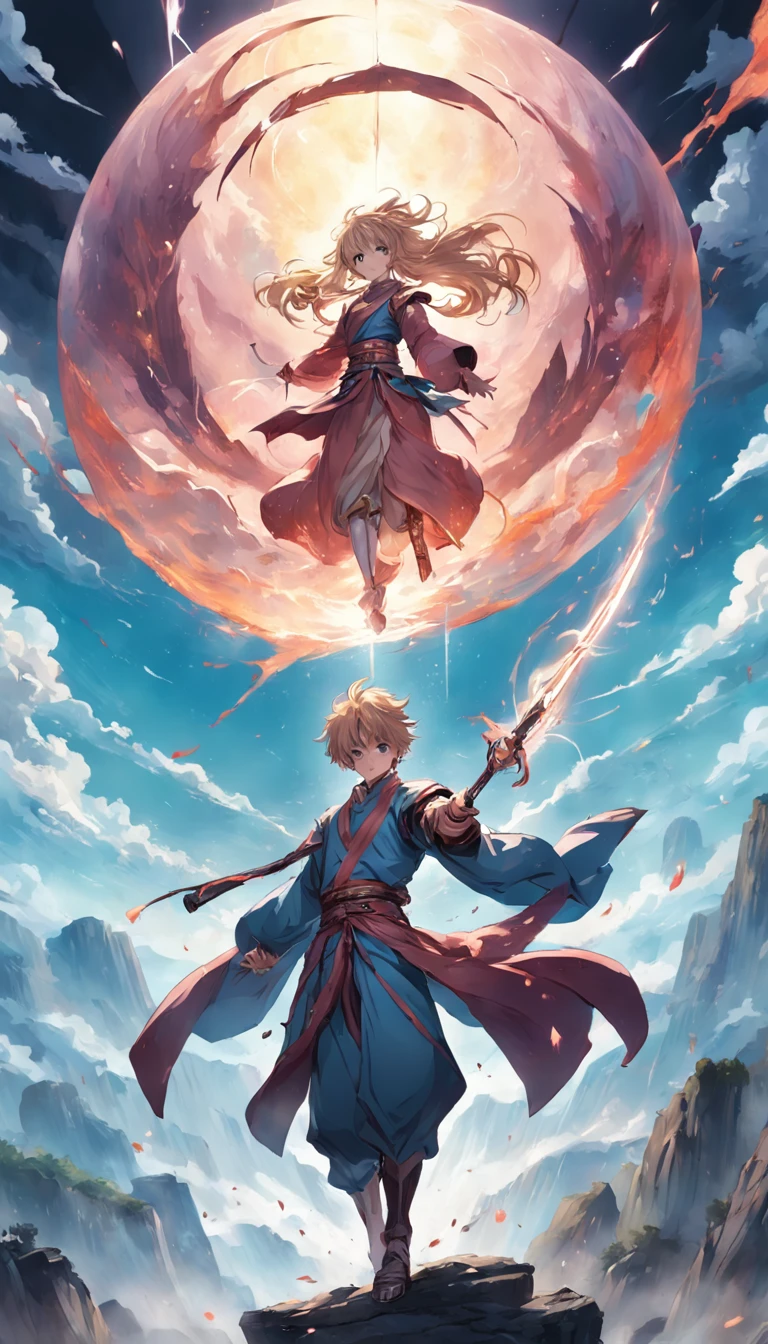 Imagine an agile and elegant warrior, with a one-handed long sword, wearing a lightweight armor that allows for fast and precise movements, The scenery around him is levitating while in one of his hands to a sphere of pure magical power.