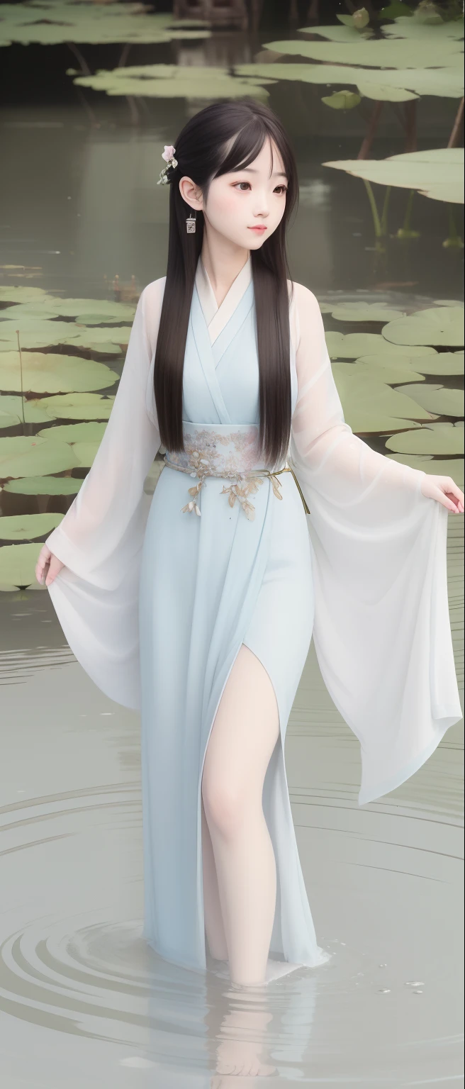 ((4k,masterpiece,best quality)), shuimobysim, traditional chinese ink painting, lotus, hanfu, maxiskit, dress conservatively 1girl, solo, long blue hair, smile, standing, feet in the water, barefoot,
