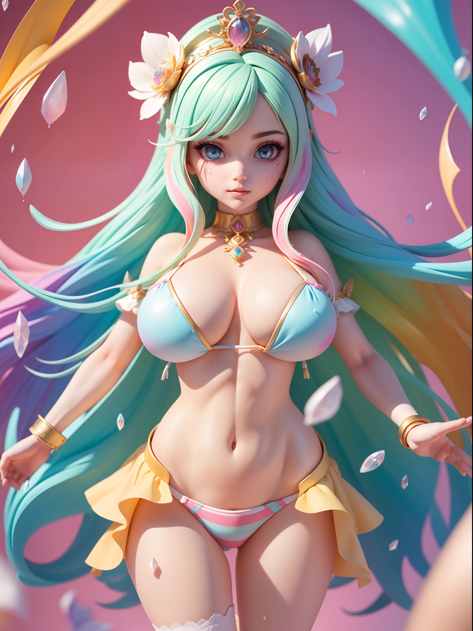 3D view of a woman's whole body，Pop Mart blind box，perfect figure beautiful woman:1.4, Slim abs:1.2, (( huge tit:1.2)), （Sateen，the street：1.2），open shirts，nabel，exposing your navel，((mini panties))，((Mini bikini))，Huge are exposed，Exposes most of the breasts，（Colorful hair：1.8），（Rainbow all colors：1.8），（painting of a：1.6），comic strip,illustration,painting of a,largeeyes,crystal-clear,Iridescent gradient，Rainbow gradient hair,Delicatemakeup,long eyelasher, looking at viewert，watery big eyes，(rainbow colour hair：1.6), colored splashing, Color explosion, Color splattering, Color explosion, Thick lacquer style，Messy lines，((Shining)) ，(Colorful), (Colorful), (Colorful), Colorful, Thick Paint Style, (Splash) (colored splashing), paint splatter, Acrylic Pigment, Gradient, Paint, Highest image quality, Highest image quality, Masterpiece, Solo, Depth of field, facepaint,  (ellegance: 1.2), opulent, long whitr hair, ventania, (ellegance: 1.3), (petals: 1.4)，(((Masterpiece))),(((Best quality at best))),((ultra - detailed)),(illustratio),(dynamic angle),((floatking)),(Paintwork),((Loose hair)),(Solo),(1girll) , (( (Detailed anima face))),((Beautiful detailed face)),collars，exposed bare shoulders,((The color hair)),((Striped hair)),Beautiful detailed eyes,(Gradient color eyes),(( （Colored eyes））），（（（coloured background））），（（（high saturated））），（（（Surrounded by colorful splashes））），