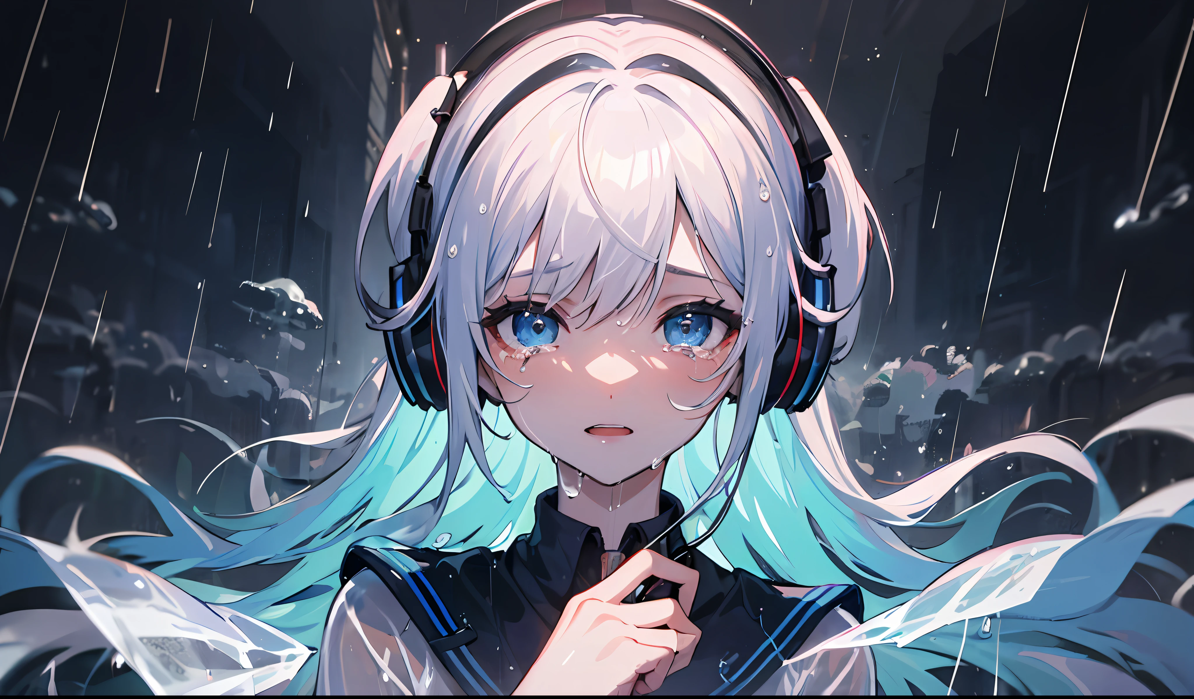 ((​masterpiece)),((Rain)),(((Transparent))),(high-level image quality),8K,4K,Blue base illustration,((natta)),(chee),(Music),((head phone)),Woman in the center,being hit by rain,is crying,Inspired by music,(Transparent hair)