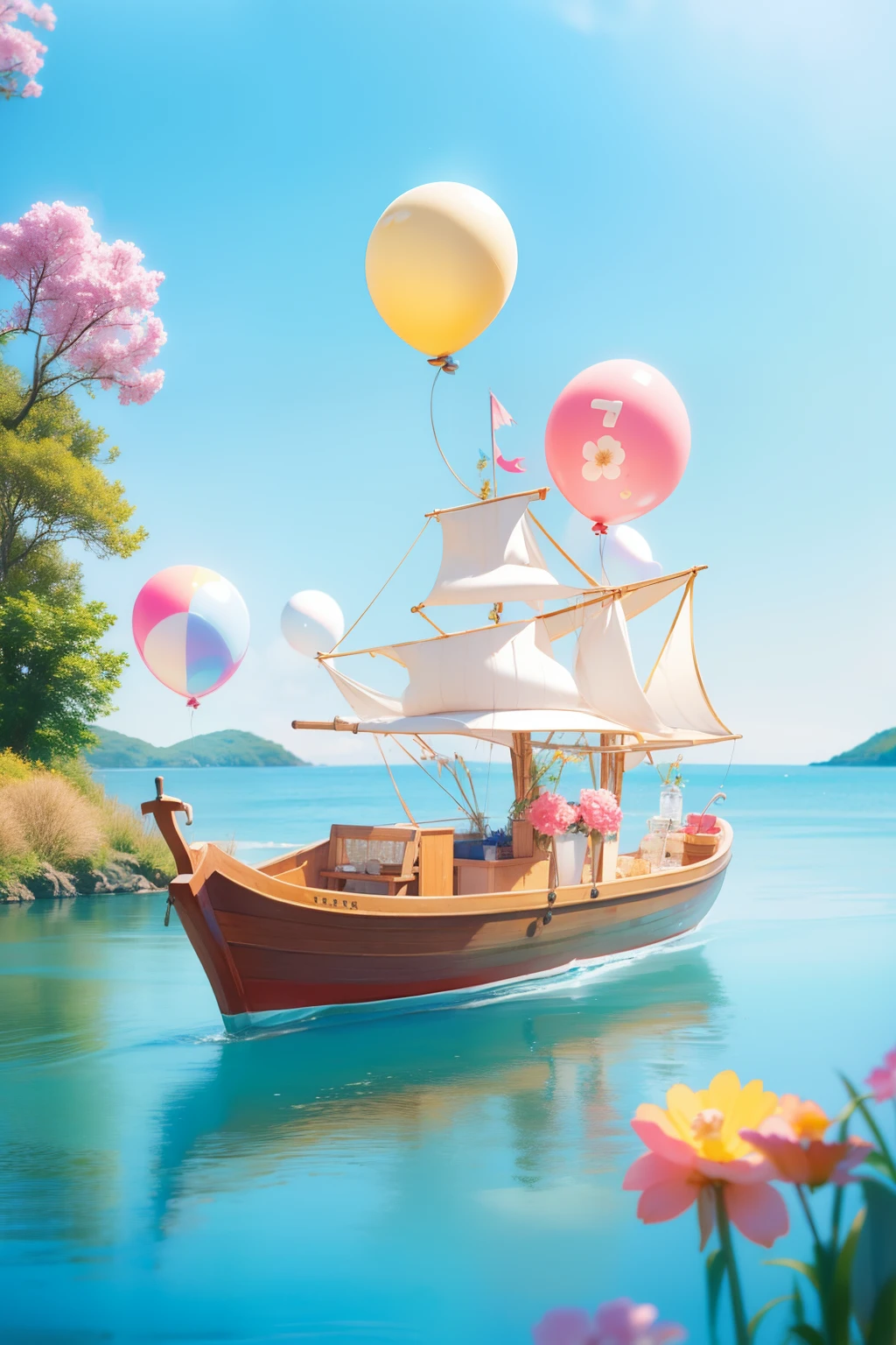 younge boy,balloons,On the cute little boat,The water is full of flowers,Best quality at best,Beautiful colors,Bright colors,Transparent gloss,Glass texture