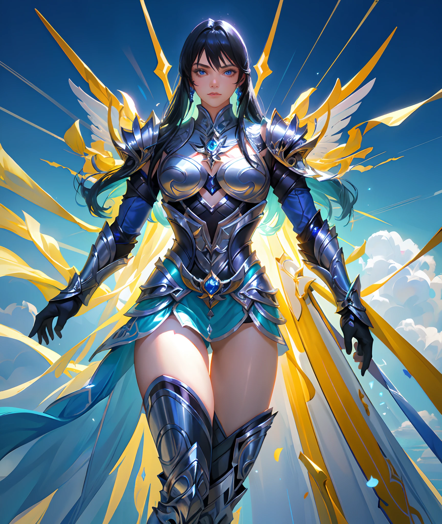 Ultra-high saturation，（tmasterpiece）， fully body photo，（best qualtiy）， （1girll）， starryskybackground，Wearing shiny gold armor， Sexy lingerie type armor，Expose your chest，Expose the waistline，Exposing thighs，cool-pose， Saint Seiya Armor， messy  hair，high detal, Anime style, Cinematic lighting, Sparkle, god light, Ray traching, filmgrain, hyper HD, textureskin, super detailing, Anatomical correct, A high resolution，Ultra-high saturation，hight contrast，High-gloss armor，Smooth skin，Serious expressions,Dark room,