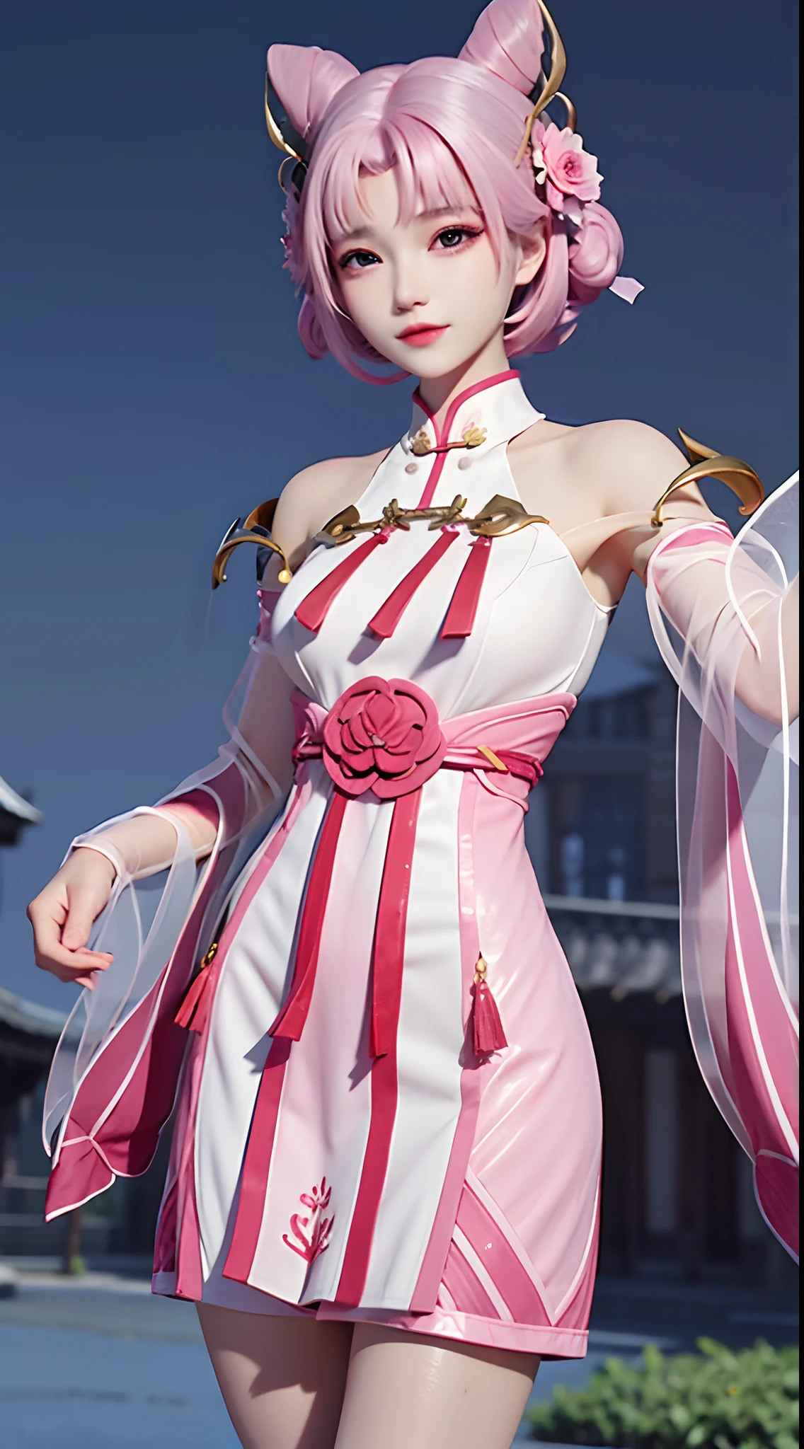 Pink and white hair　a short bob　Beautiful breasts　qipao dress