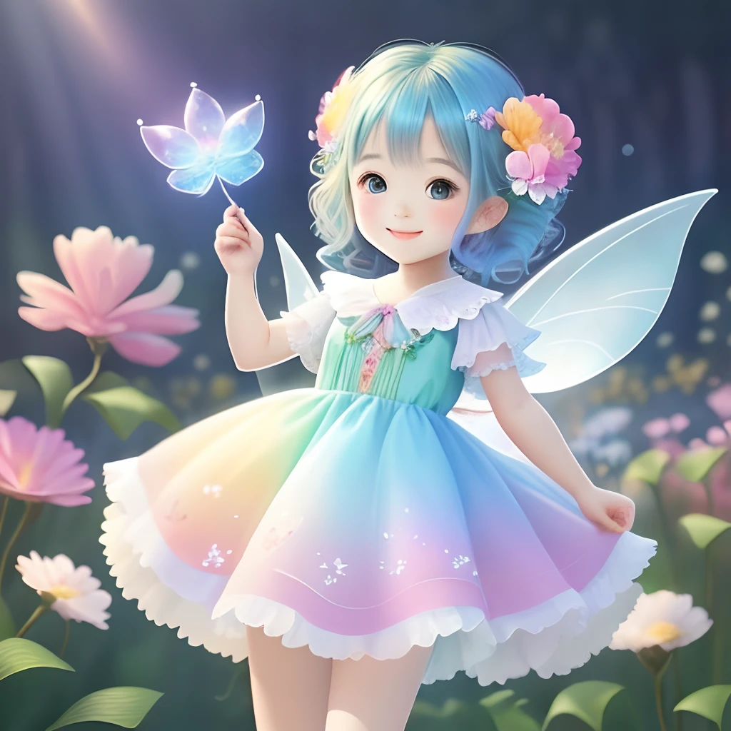 Cute flower fairy baby,Take the magic wand,The beautiful fairy with a sense of transparency has a bright smile,Let's be happy,Beautiful garden background,Bright rainbow-colored landscape
