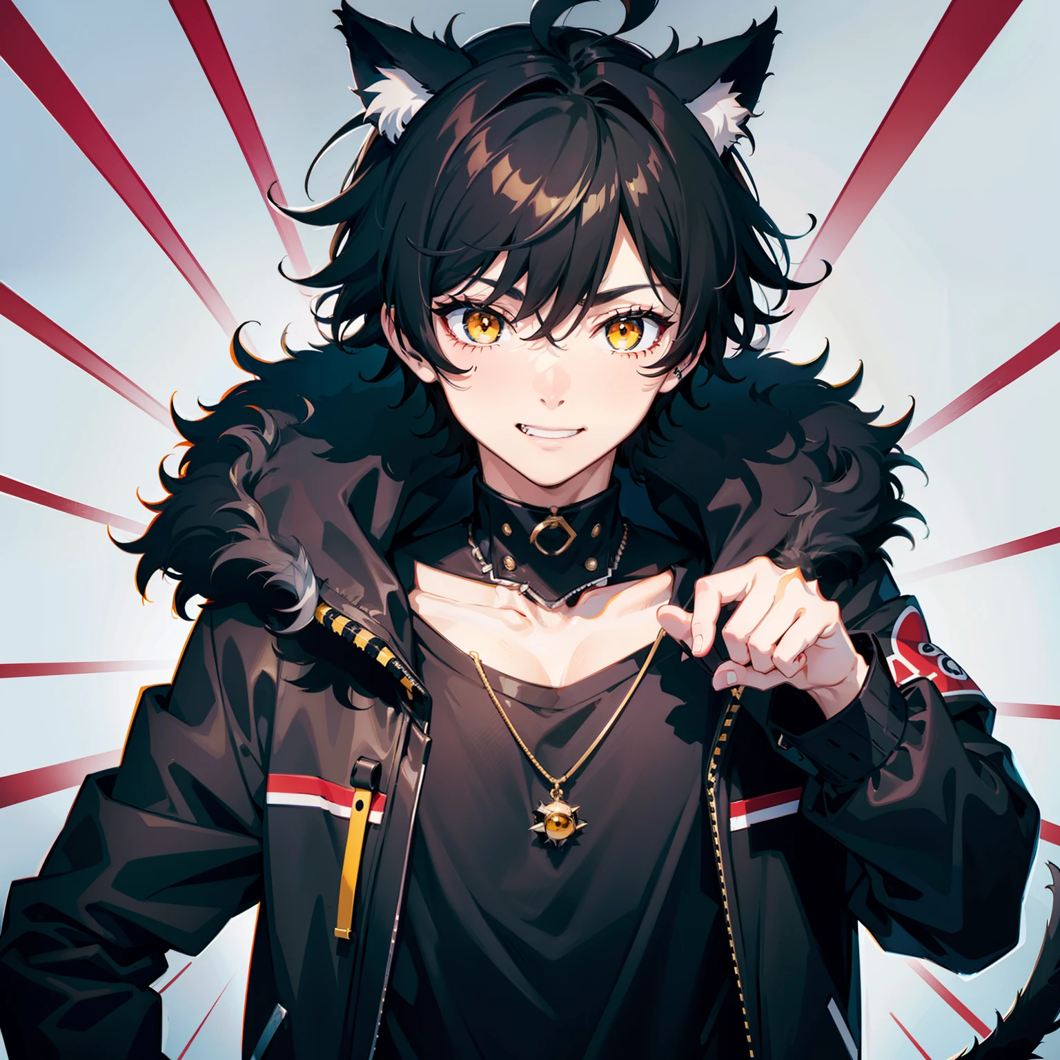 ultra detailed, best quality, finely detail, anime boy, neko, 1 boy, male, boy face, black hair, short hair, messy spiky hair, volumous messy hair, black fur jacket, black clothes, cat ears, animal ears, black feline tail, black shorts, smile, relaxed expression, smile, hood around the neck extremely large, white eyes, yellow pupils, red nose