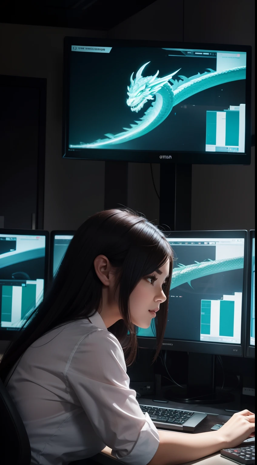 beautiful female office staff, working in the office, dragon ears, computer background, matrix run on the screen, cute