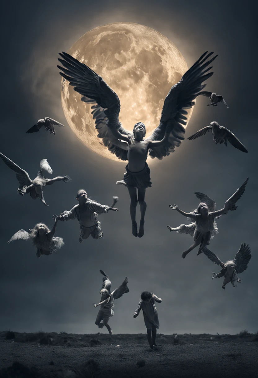 A hyper-realistic scene of 10 angels falling from the sky during the rather dark night being dimly lit by the moon, captured in a photograph of incredible realism