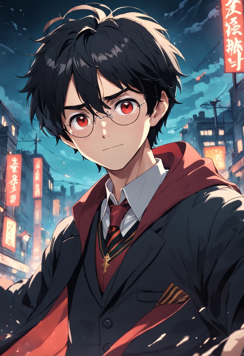 harry potter, guy, black hair, tousled, green eyes, wear glasses, pale, smile, child, white shirt, black coat, cute, red tie