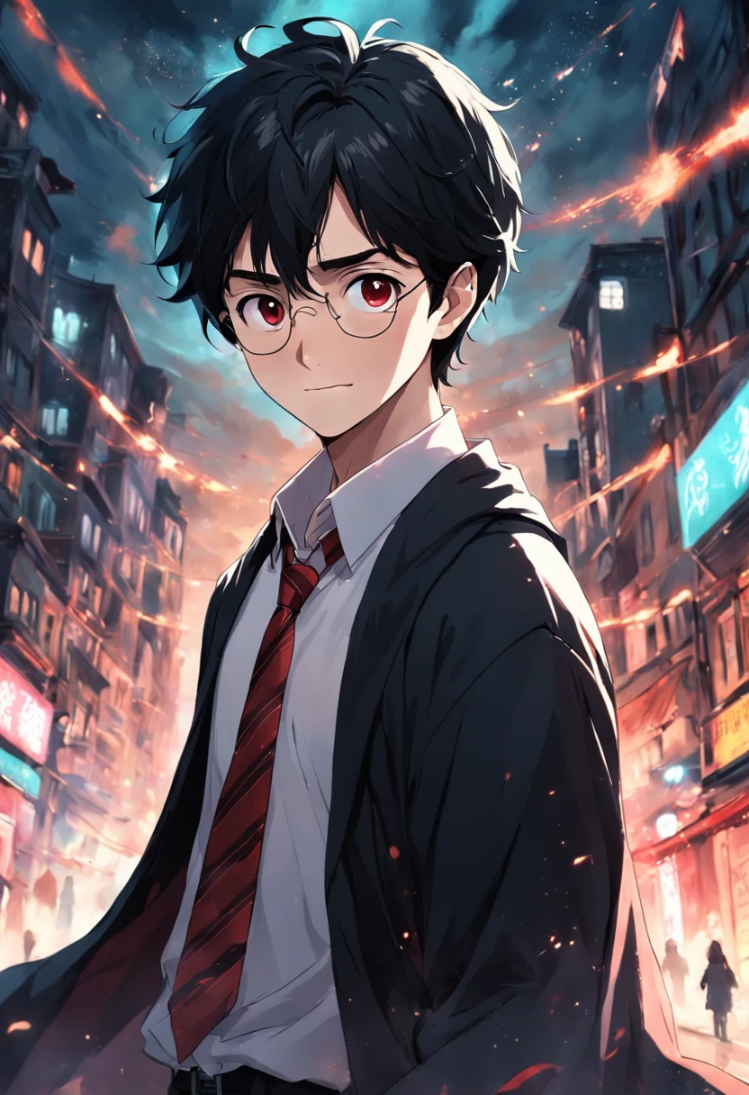 harry potter, guy, black hair, tousled, green eyes, wear glasses, pale, smile, child, white shirt, black coat, cute, red tie