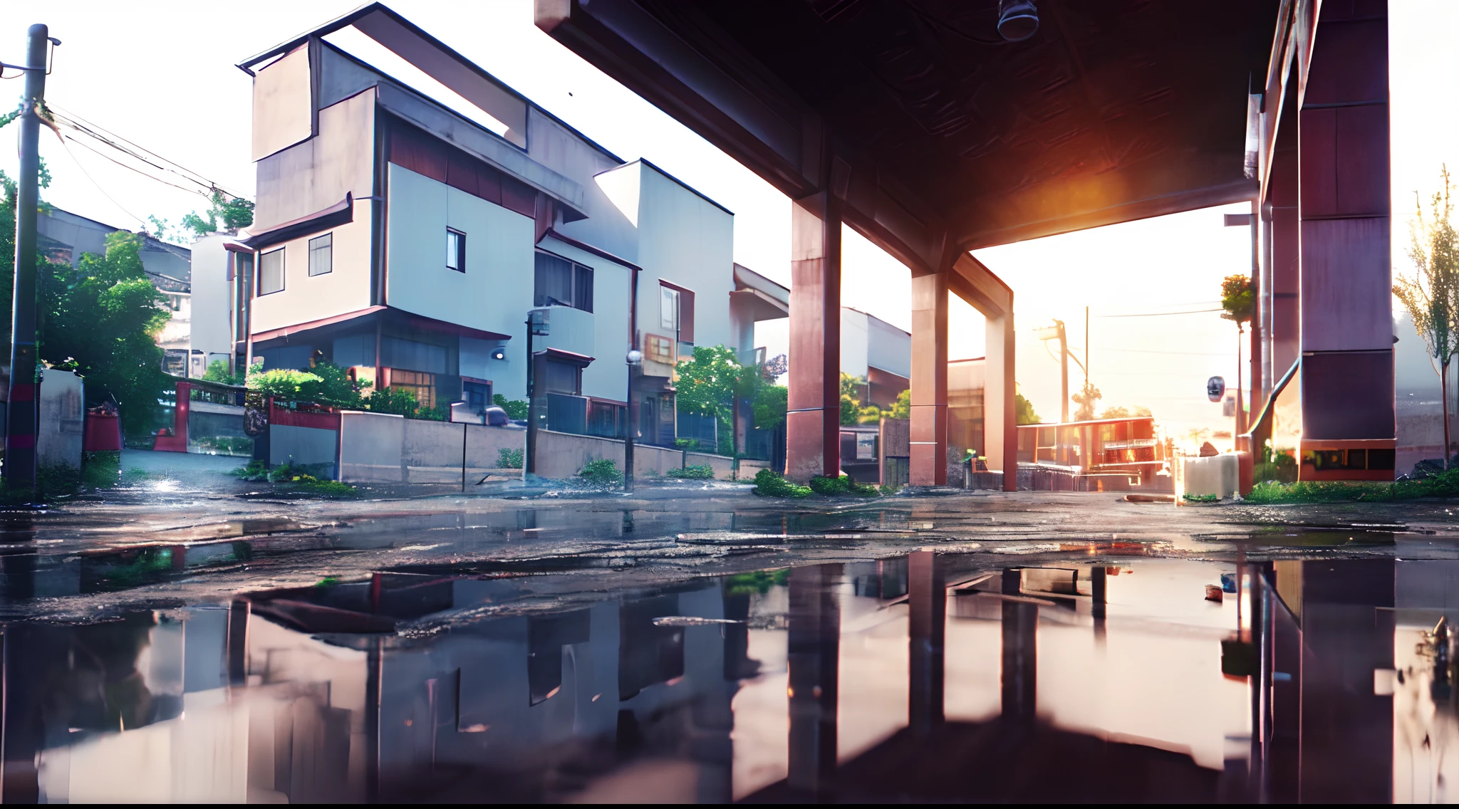 A city day time with Ray tracing grafis 4k real rain reflection on a muddy road realistic shadow and light