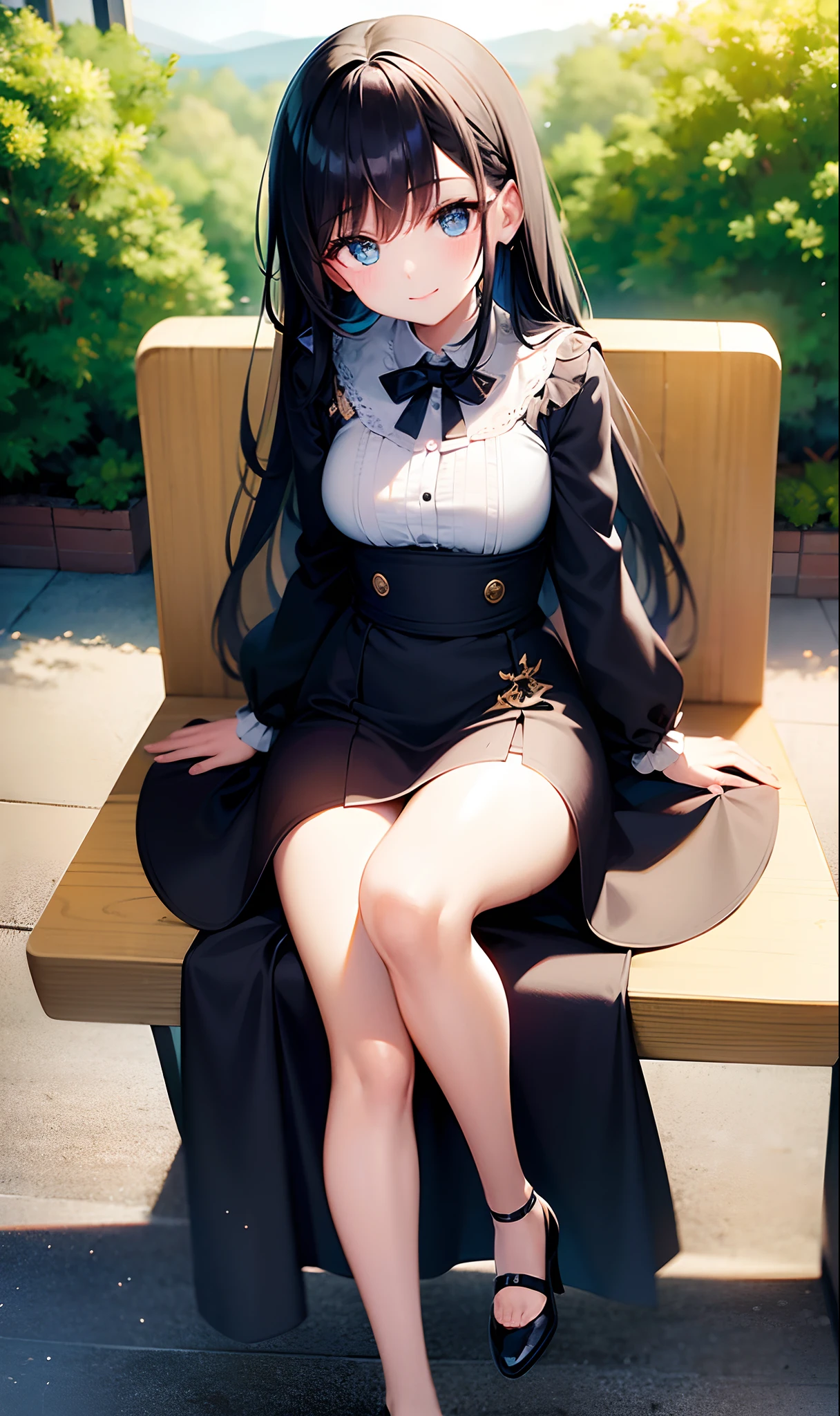 girl sit on chair, sunlight, colorful, morning, black hair, long hair, blue light eyes, smile, modern model dress, Photograph from the front, high resolution, ultra quality