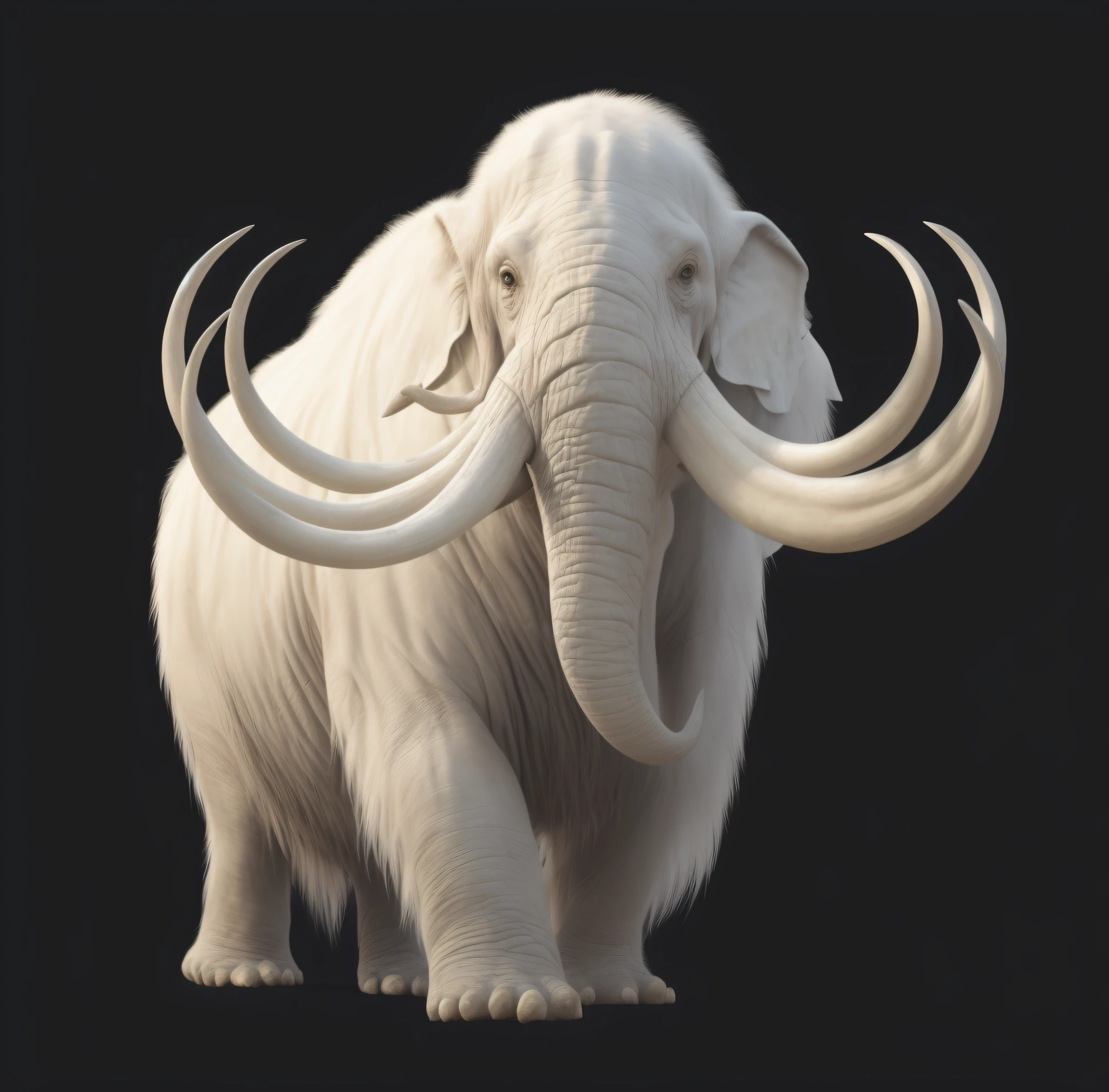 There is a white elephant with tusks walking on a black background, mammoth, huge tusks, Realistic creature concept, tusks, highly detailed animal monster, tooth wu : : quixel megascans, author：por Artur Tarnowski, highly detailed creature, Megafauna, highly detailed animal, albino, Extremely realistic, Realistic illustration