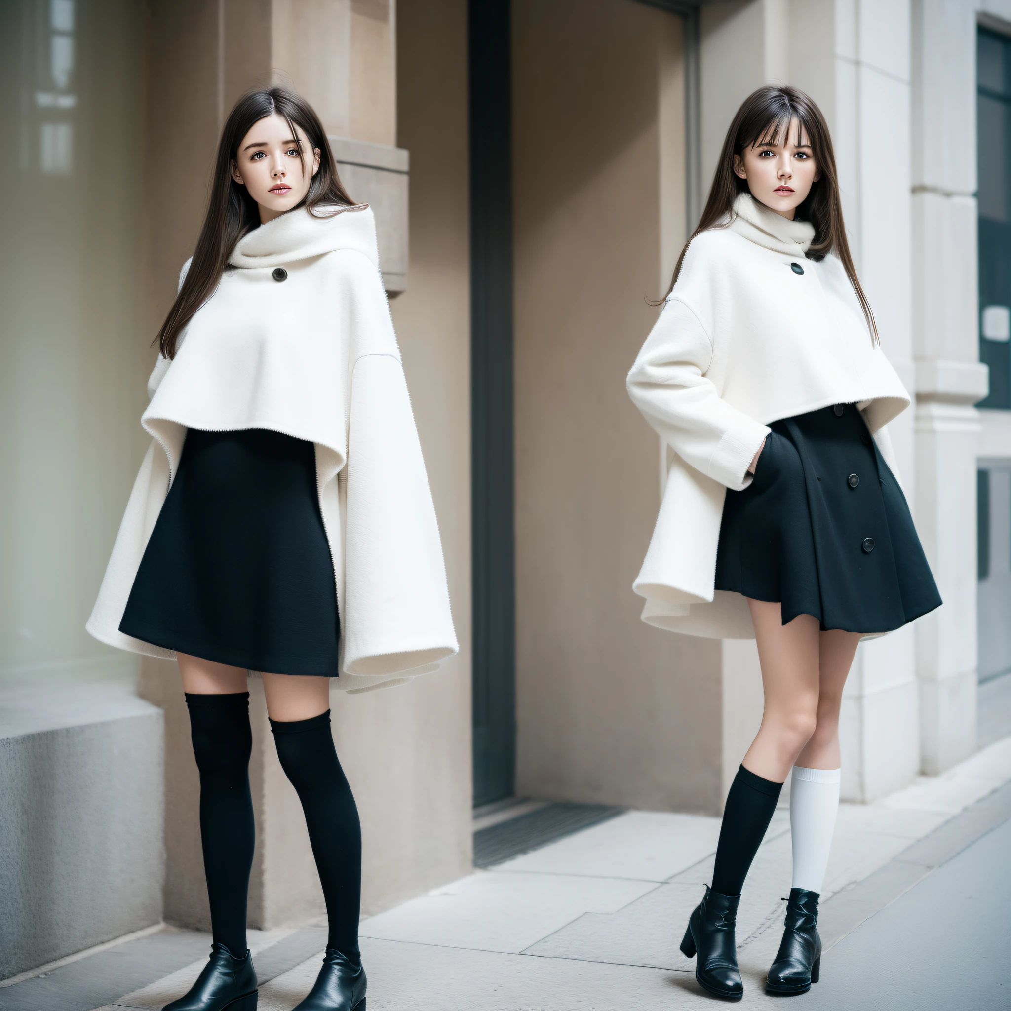Manteau blanc,white skinned,brunette color hair,Long hair,Black eyes,black over-the-knee socks,full bodyesbian,Need,tmasterpiece,best qualtiy,Textured skin