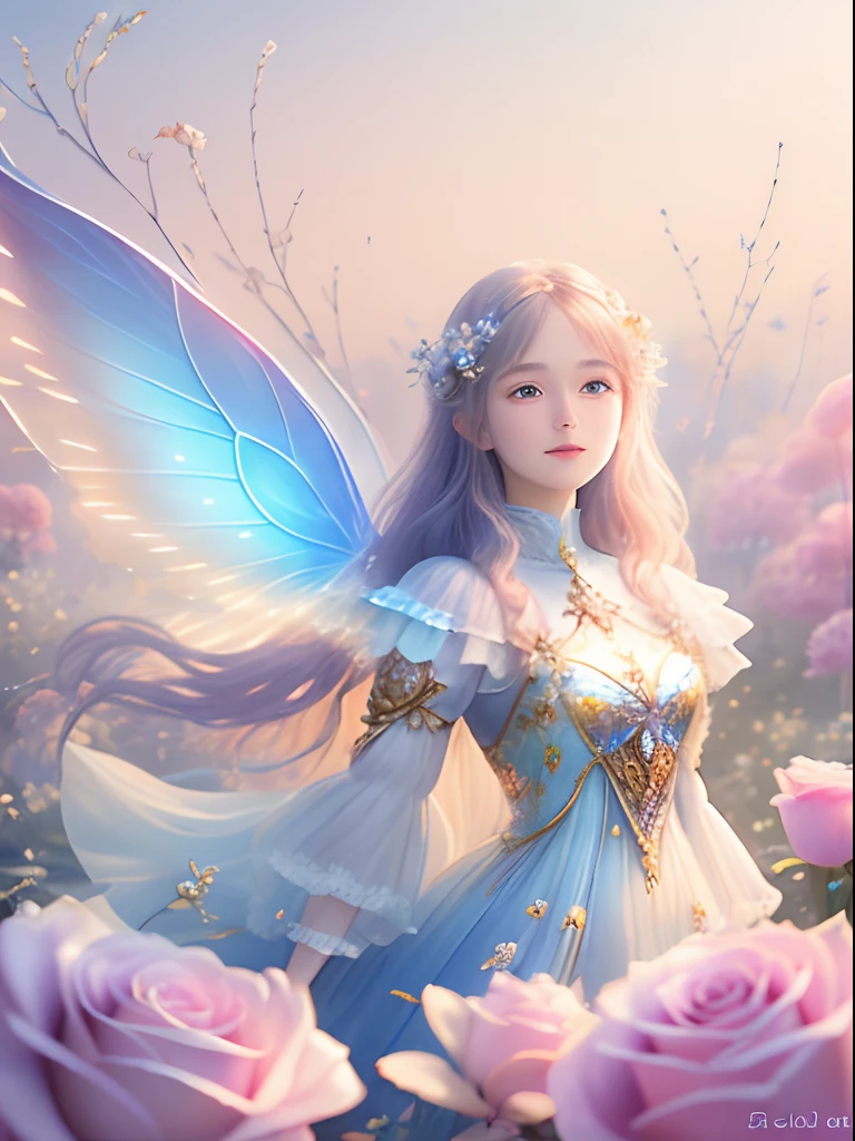 1 moon,Beautiful transparent flower fairy girl, Transparent colorful wings, The wand flutters in the wind、The wand flashed with starlight,Golden wand,Beautiful blue sky and white clouds、Girls have transparent wings、kindly smile、Beautiful garden background、Gentle and transparent,anatomy correct, Delicate pattern,Pink rose space, Soft lighting, ( Bokeh),Masterpiece, Super detailed, Epic composition, Highest quality, 8K,Epic romantic fantasy digital art,Epic fairy tale fantasy digital art,Mythological fantasy,UHD resolution,Detailed detail drawing,realisticlying,Very realistic,cinmatic lighting,an award winning photograph,rich colours,hyper realistic lifelike texture,dramatic lighting