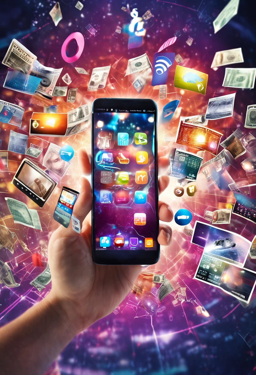 someone holding a smart phone with a lot of different images coming out of it related to bussiness and money and charts and stocks, photo - shot, snapshot, photo render, digitally enhanced, digital media, the image is futuristic, visuals, technological screens, amazingly composed image, information, high quality picture, technologies, high quality image”, technological, digital screens, a picture, take control of your data, virtual, enhancee
