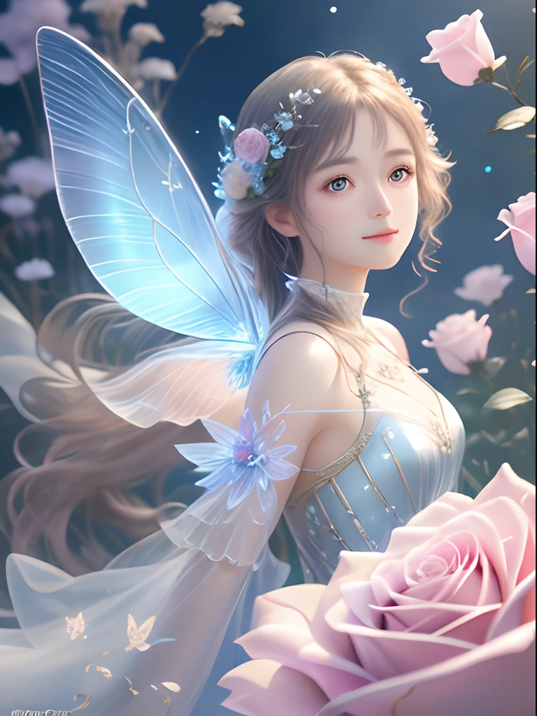 (Masterpiece), (Best picture quality), 8K, High detail, Super detail, Beautiful and magical flower fairy, There are translucent wings on the back, Fly in mid-air, Shimmering with bright colors like a rainbow, Fly in mid-air, Fly gracefully between two flower-filled trees, The background is lush with flowers, Her presence fills the surroundings with a charming feeling, Cast a mesmerizing glow on the spot, Her dress, Made from delicate petals and leaves, Blend in with the natural elements of your surroundings, She held a wand in her hand, It emits a soft and brilliant glow, Symbolizes her love of magic and her ability to bloom flowers and joy, The expression sitting on the tree is calm, Reflecting her deep connection to nature and the harmonious energy that flows through her, Close-up, Realistic, highly detailed and intricate, The image embodies the ethereal nature of the flower fairy, Blending her enchanting presence with the tranquil beauty of the natural world
