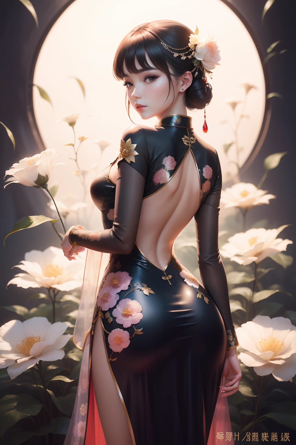 Butt to the camera，A woman of outstanding figure，wearing  cheongsam，fresh flowers，jewely，Amazing work，Vitreous luster