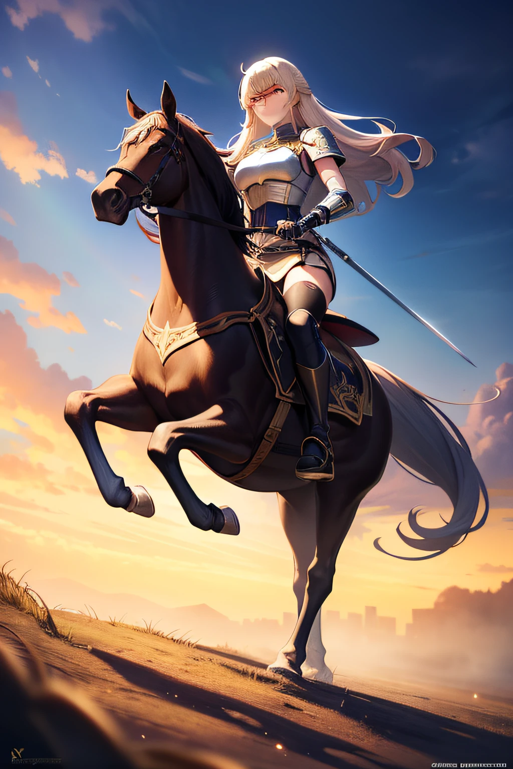 The warrior rode on a horse，handheldweapons， Stylistic image of a woman riding a horse in a wooded area, From Arknights, of a beautiful female knight, Artgerm and Atey Ghailan, Kushatt Krenz Key Art Women, Detailed key anime art, trending on artstation pixiv, Anime art wallpaper 4 K, Anime art wallpaper 4k, high detailed official artwork，Classical armor，8K，Artistically，Meticulous details，The horse is tall