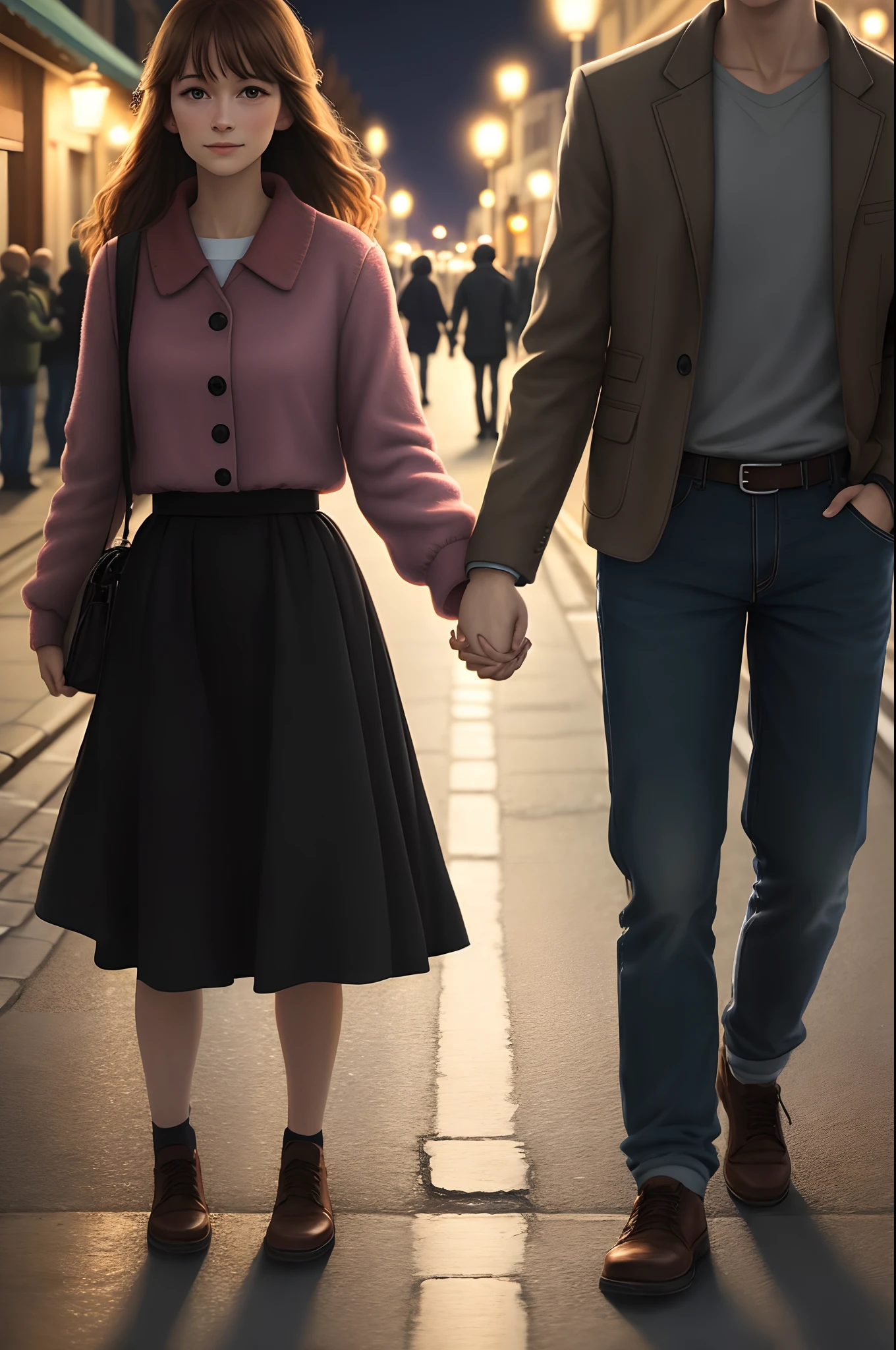 Hand close-up, holding hands, nighttime, under street lights, realism