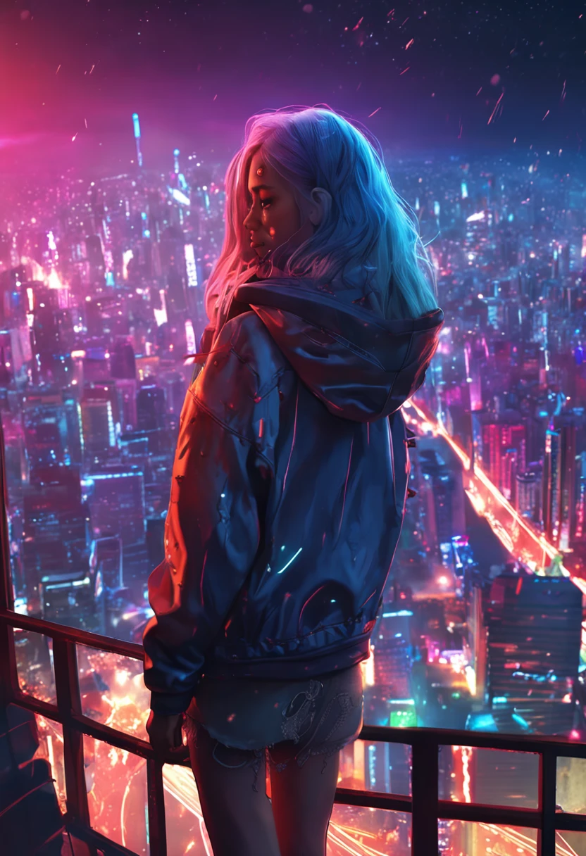 "Image Quality: 12K (Best Quality Scale: 2.8), Artistic Style: Realistic, Photorealistic Factor: 1.37, Clarity: Ultra High Definition, Subject: 1girl body turned away stunning cityscape ,hoodie,blue hair, neon color shooting stars, very long hair, off shoulder, feather hair ornament, neon colors, flashes, stunning night sky, Girl (16 year Notable Features: body turned away, Smiling face,Exquisite Details, Composition:, Damp Hair, Context: Amidst Colossal Dalsefo, huge Angel wings very detailed